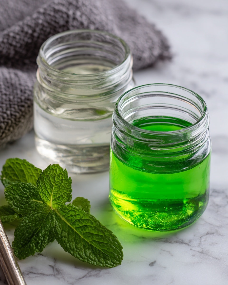 The image shows two small clear glass jars placed on a white marbled surface. One jar is filled with a bright, transparent green liquid, and the other jar contains a clear, colorless liquid. To the left of the jars, there are a few fresh green mint leaves resting on a gray textured cloth. The edge of a metallic object, possibly a straw or utensil, peeks into the bottom left corner of the image. The scene is well-lit, highlighting the glass reflections and the fresh texture of the mint leaves. photo taken with an iphone --ar 4:5 --v 7