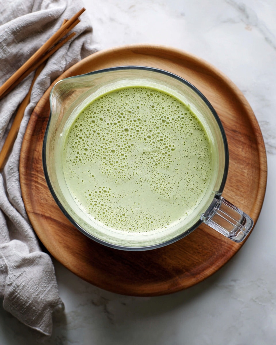 A clear food processor bowl filled with a smooth, light green creamy mixture with tiny bubbles on its surface. The bowl is placed on a round wooden cutting board, set on a white marbled textured surface. A gray cloth and chopsticks rest near the top left of the frame. photo taken with an iphone --ar 4:5 --v 7