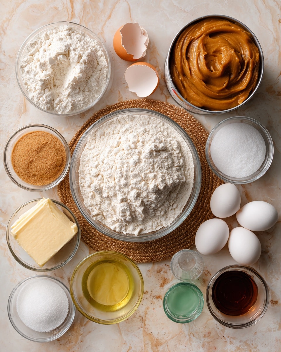 A top-down view shows various baking ingredients arranged neatly on a white marbled surface. At the center is a large clear bowl filled with white flour, with some flour scattered on top. To the top left is a broken eggshell, and to the top right, an open can of smooth brown pumpkin puree. Around the central bowl are small clear bowls containing white baking soda and white sugar, a larger clear bowl with two raw eggs cracked inside, and three whole eggs placed nearby. On the bottom left is a small clear bowl filled with light brown sugar, alongside a clear glass bowl of melted yellow butter, and a small bowl of light green oil. A small glass with dark brown vanilla extract sits near the bags of sugar and flour. Everything is organized on a woven beige placemat. photo taken with an iphone --ar 4:5 --v 7
