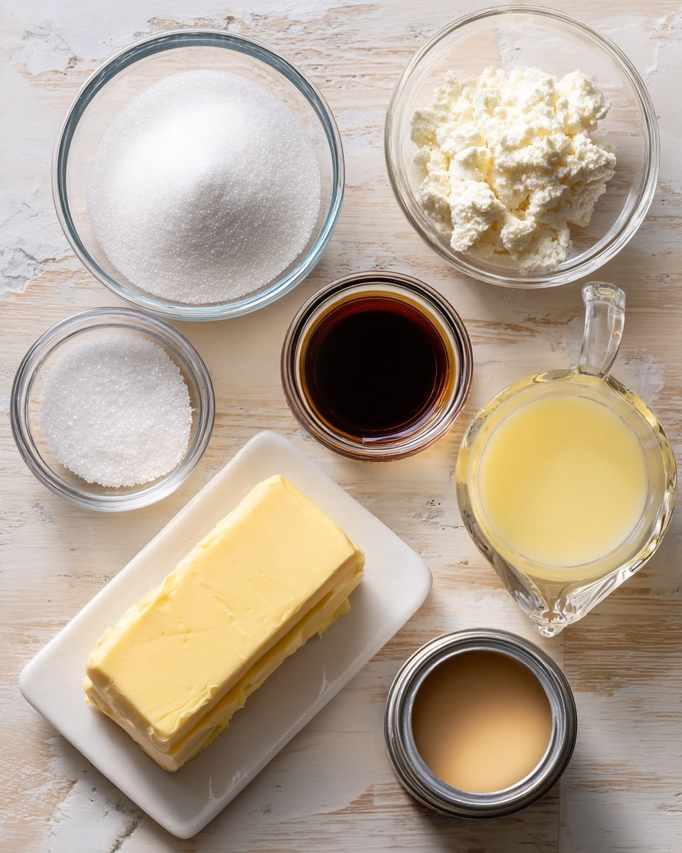 The image shows seven clear glass containers and one stick of pale yellow butter placed on a light wooden table with a white marbled texture background. There is one large bowl filled with white granulated sugar, one small bowl with fine white salt, and one medium bowl holding vanilla extract, which is a dark brown liquid. A medium glass container is filled with a light yellow creamy liquid, placed near a glass measuring cup containing a clear liquid, and an open can reveals a thick beige liquid inside. The stick of butter is unwrapped and placed centrally among the bowls. The setup looks organized for baking or cooking preparation. photo taken with an iphone --ar 4:5 --v 7
