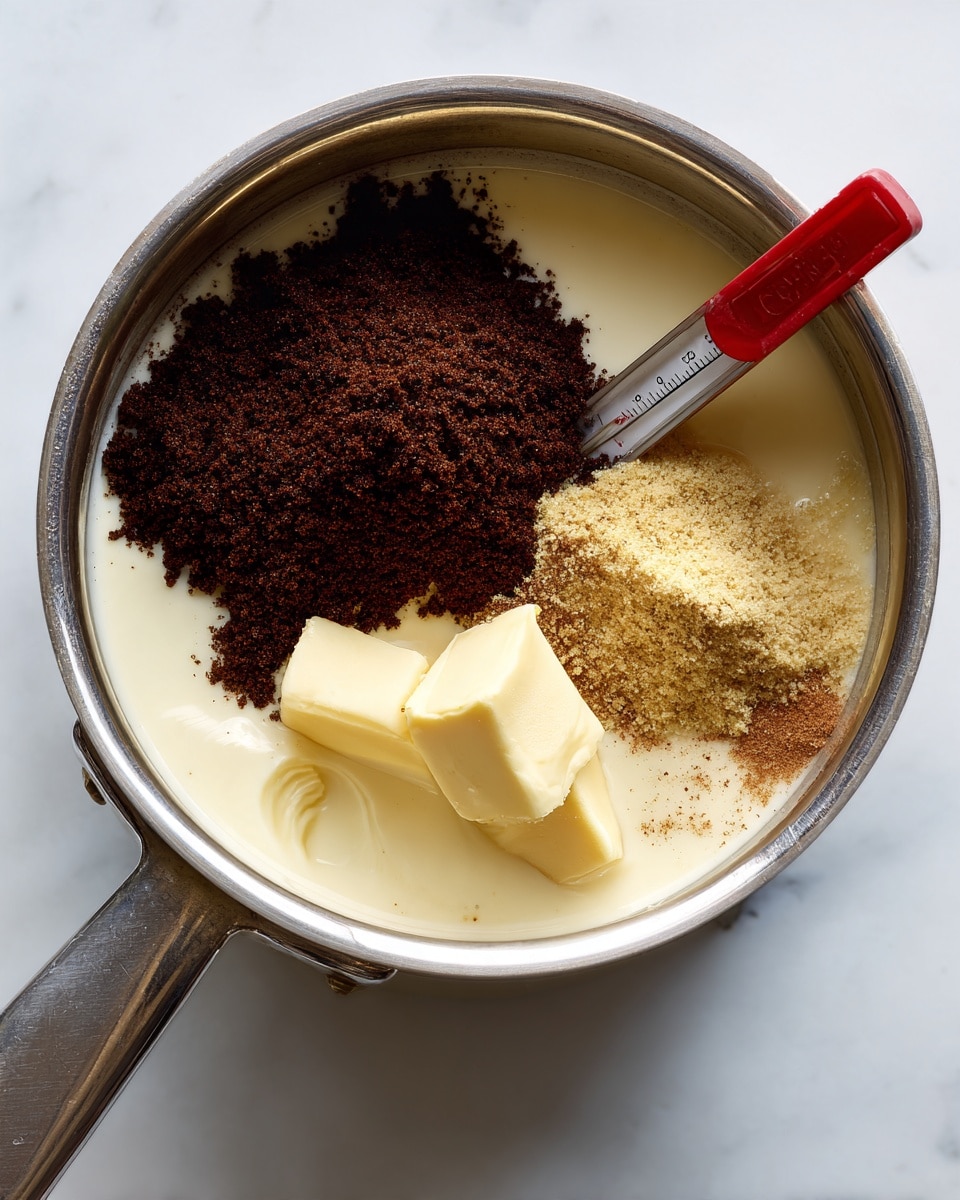 The image shows a silver pot on a white marbled surface. Inside the pot, there are three groups of ingredients sitting on top of each other: a large pile of dark brown sugar on the left, off-white cream or milk filling most of the pot, and a small piece of yellowish butter with a bit of brown spice powder on the right. A red-tipped thermometer is placed inside the pot, leaning against the side. The scene is bright and clear. photo taken with an iphone --ar 4:5 --v 7