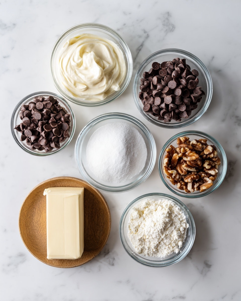 The image shows seven separate clear glass bowls arranged in a loose circle on a white marbled surface. Each bowl contains a different ingredient: one with smooth cream, another with many small dark brown chocolate chips, a third with chopped brown nuts, a fourth with white powder sugar, and a fifth with white powder baking soda. A sixth holds a pale white liquid, and a seventh is replaced by a small wooden plate holding a smooth pale yellow stick of butter. The bowls and plate are evenly spaced and photographed from above to clearly show all items. Photo taken with an iphone --ar 4:5 --v 7