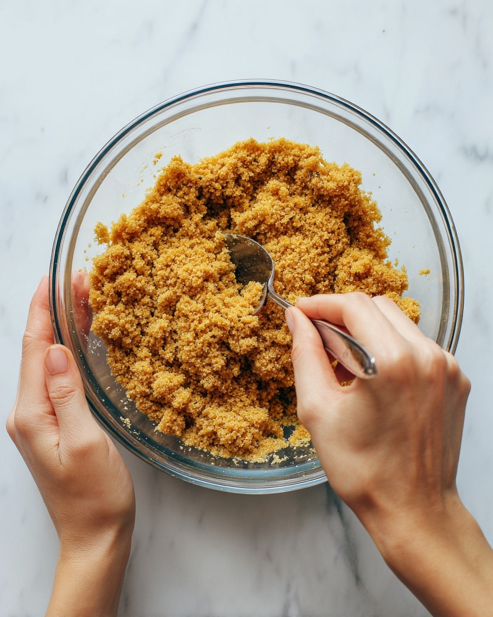 A clear glass bowl holds a crumbly, golden-brown mixture with a grainy texture. Inside the bowl, the mixture appears loose but packed together in clumps. Two woman's hands are visible; one holds the bowl steady while the other stirs the mixture with a metal fork. The background is a smooth white marbled surface. photo taken with an iphone --ar 4:5 --v 7