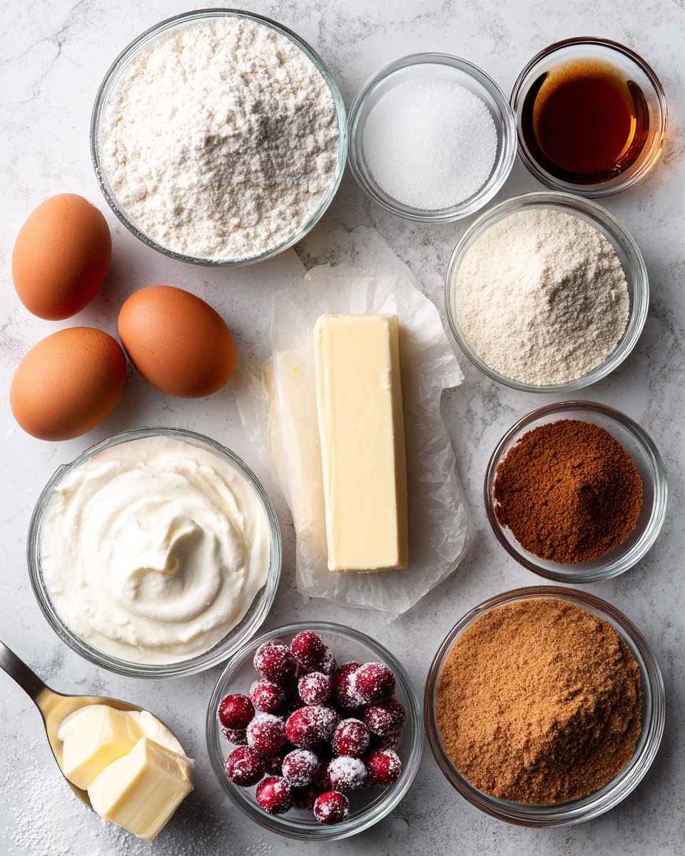 A flat lay image showing various baking ingredients arranged on a white marbled surface. There are two brown eggs near the center, with a stick of salted butter positioned diagonally between the eggs and a glass bowl of white granulated sugar in the top left. Surrounding these, several small glass bowls hold different ingredients: white flour, brown sugar, a light powder (likely baking powder), vanilla extract, lemon juice, and a bowl of fresh cranberries with visible seeds. A metal measuring spoon filled with a white creamy substance is at the bottom left, next to a small piece of butter. The composition is bright with natural lighting, and the textures of each ingredient are clear. photo taken with an iphone --ar 4:5 --v 7