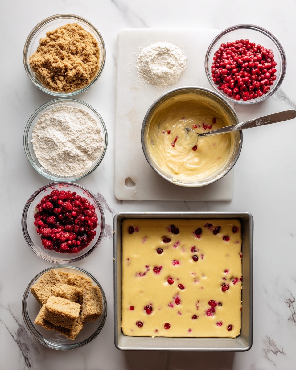The image shows a step-by-step baking process on a white marbled surface. On the left side, there are five clear glass and metal bowls arranged neatly, containing crumbly brown dough, white flour, a yellow batter, bright red frozen berries, and a spoon with a white creamy substance. In the middle, a metal mixing bowl contains creamy yellow batter with red frozen berries mixed in, and a clear glass bowl below holds crumbly brown dough. On the right side, a square metal baking pan filled with smooth yellow batter dotted with red berries lies next to a clear glass bowl with crumbly brown dough. The scene is bright and clean, showing ingredients and mixtures ready for baking. photo taken with an iphone --ar 4:5 --v 7