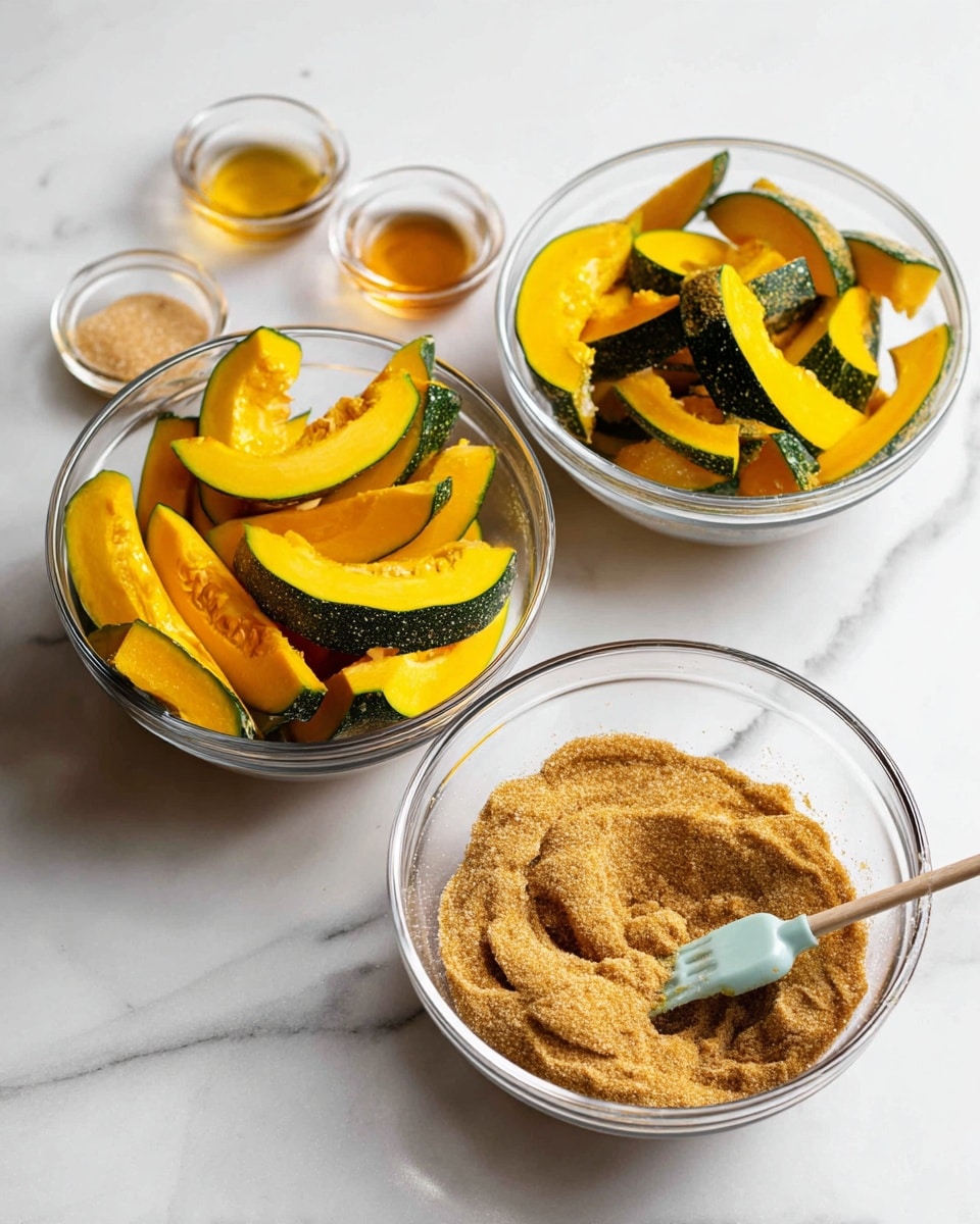 The image shows three clear glass bowls arranged side by side on a white marbled surface. The left bowl contains several sliced pieces of orange-yellow squash with dark green skin at the edges. Behind the bowls, there are small glass containers with light brown sugar and golden liquid, and a piece of squash with seeds is also visible on the surface. The middle bowl has the same squash slices, but a light brown powder is sprinkled in the bottom, creating a layer under the squash. In the right bowl, the squash slices are coated evenly with the brown powder, and a light blue spatula is resting inside, mixing the pieces. Photo taken with an iphone --ar 4:5 --v 7