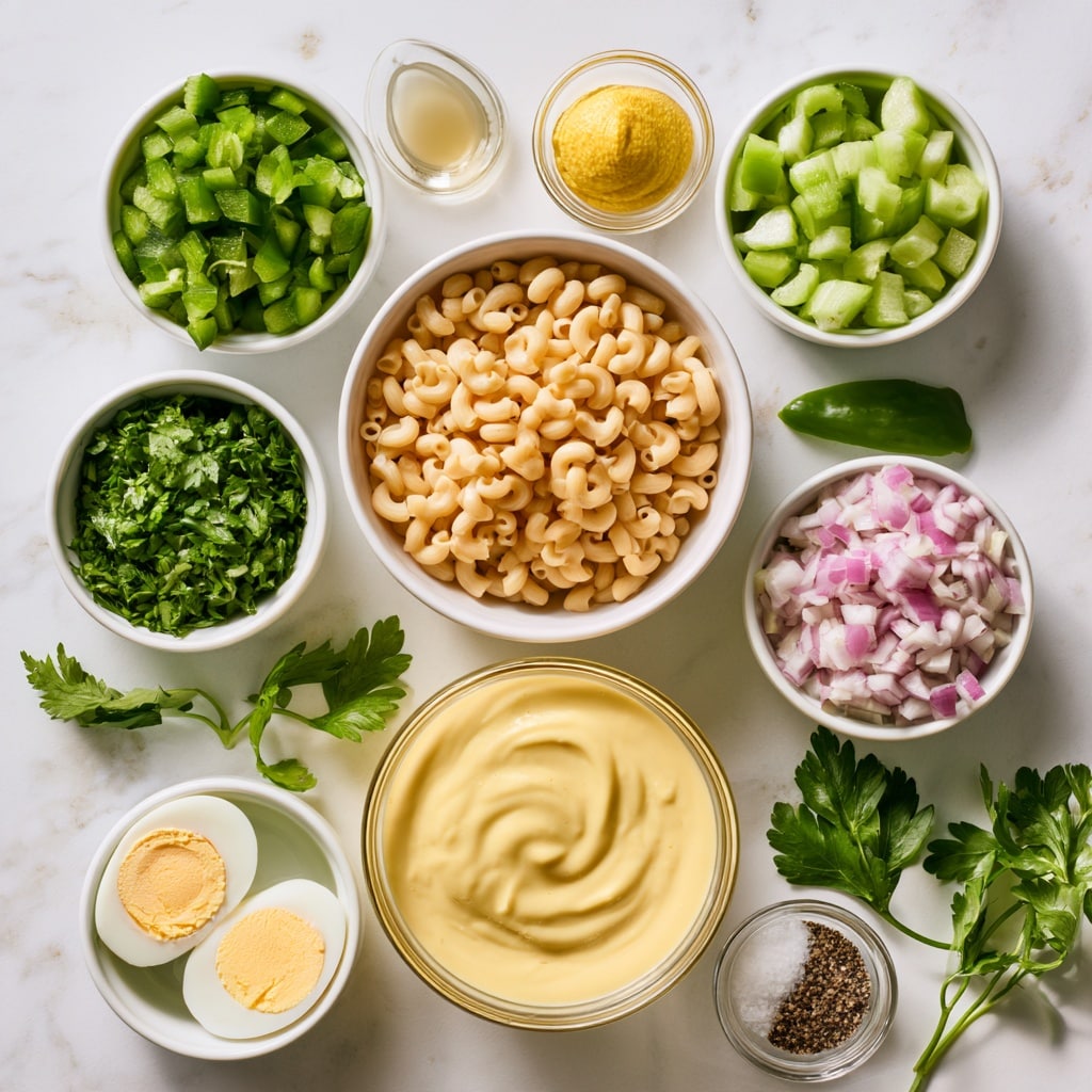 A clear glass bowl sits on a white marbled surface filled with a mix of ingredients arranged in sections: finely chopped green bell peppers on the left and right sides, diced red onions at the top, and chopped hard-boiled eggs with yellow yolks at the bottom. In the center, there is a thick, creamy orange sauce topped with chopped fresh green herbs and sprinkled with cracked black pepper. The layers are distinct and colorful, showing off the fresh ingredients clearly. Photo taken with an iphone --ar 4:5 --v 7