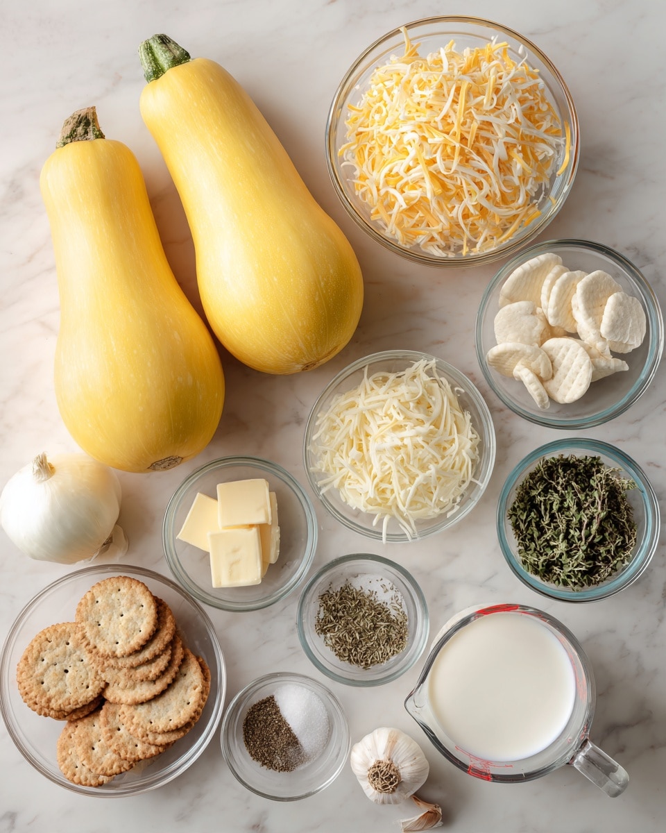 The image shows a flat layout of yellow squash and other ingredients on a white marbled surface. There are three whole yellow squash in the center with smooth yellow skin. Surrounding them in clear glass bowls are shredded orange and white cheese, round beige crackers, two small blocks of butter, dried green herbs, and chopped fresh green herbs. There is one whole white onion and two garlic cloves in a small bowl. A clear glass measuring cup filled with white milk and a light brown egg are also present. Several small bowls hold mixed dried oregano, and salt and black pepper. The colors are soft yellows, whites, greens, and light browns. The photo is taken from above with even light, showing all ingredients clearly. photo taken with an iphone --ar 4:5 --v 7