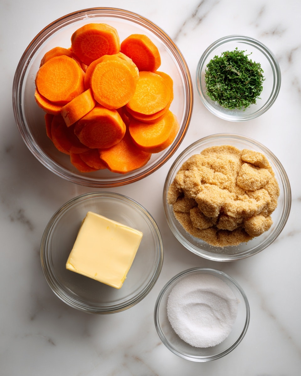 The image shows five clear glass bowls placed on a white marbled surface. The largest bowl is filled with thick, round slices of bright orange carrots and is positioned on the left side. Below it is a small bowl containing a light yellow square of butter. To the right of the butter bowl is a medium bowl filled with light brown sugar, piled up with a grainy texture. Above the sugar bowl is a small bowl holding white granulated salt. Finally, to the top right of the carrot bowl is another small bowl filled with chopped green herbs, providing a fresh contrast to the other ingredients. photo taken with an iphone --ar 4:5 --v 7