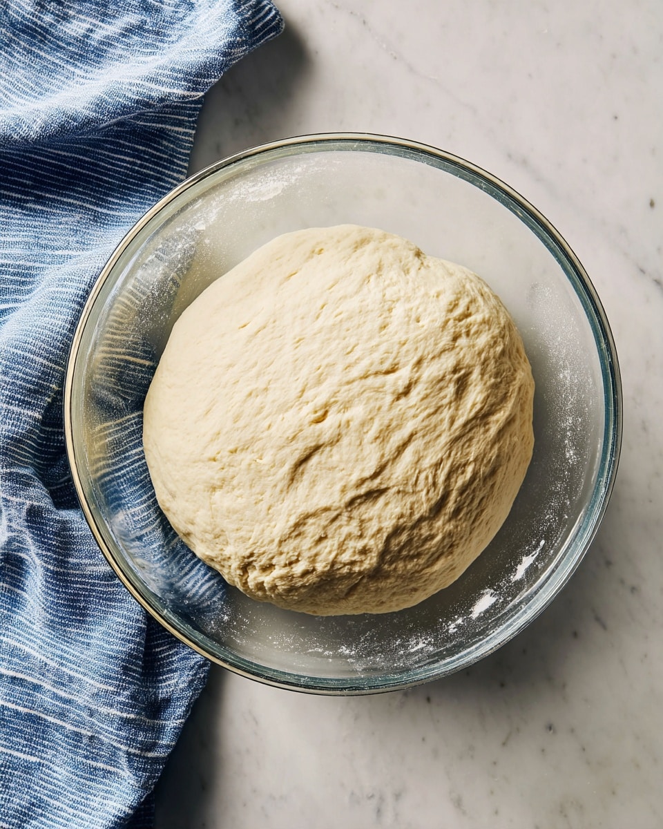 A clear glass bowl holds a single large, round ball of dough with a light beige color and a soft, slightly bumpy texture. The dough fills most of the bowl, which sits on a white marbled surface. A folded blue-and-white striped cloth is visible under the bowl on the left side. The background is simple and clean, highlighting the dough inside the bowl. photo taken with an iphone --ar 4:5 --v 7