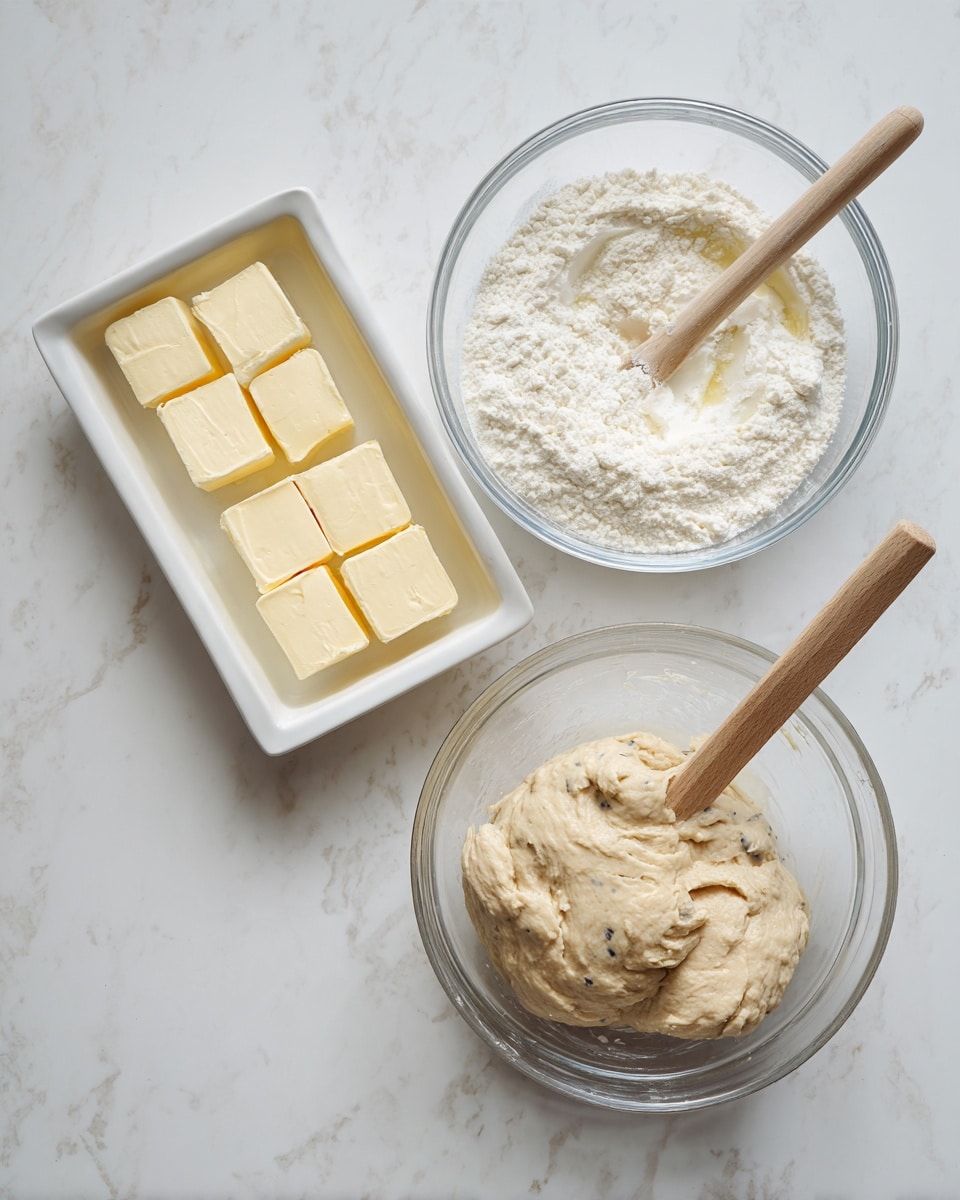 The image shows three parts of baking preparation on a white marbled surface: on the left, a white square baking pan holds nine small pale yellow blocks of butter evenly spaced; in the middle, a clear glass bowl contains a mix of white flour, white cream, and liquid, with a light wooden spoon resting diagonally above the bowl; on the right, a clear glass bowl holds a thick beige dough with small dark specks, with the light wooden spoon partially inserted into the dough photo taken with an iphone --ar 4:5 --v 7