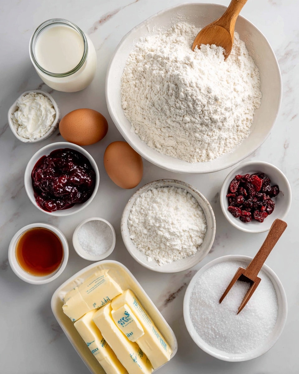 This image shows an overhead view of ingredients arranged in white bowls and small containers on a white marbled surface. There is one large white bowl with a wooden spoon inside, filled with white flour piled high, and close to it is a single brown egg. Around it are smaller white bowls holding a deep red berry jam, dried cranberries, and fine white powdered sugar with a small wooden scoop. Another white bowl contains white granulated sugar with a tiny wooden scoop resting on top. Two sticks of pale yellow butter, labeled with blue text, lie next to a small bowl of vanilla extract, a small glass of milk, a small bowl of salt, and a small bowl containing white coarse salt. The ingredients are neatly spaced and well lit, creating a clean and fresh composition. Photo taken with an iphone --ar 4:5 --v 7