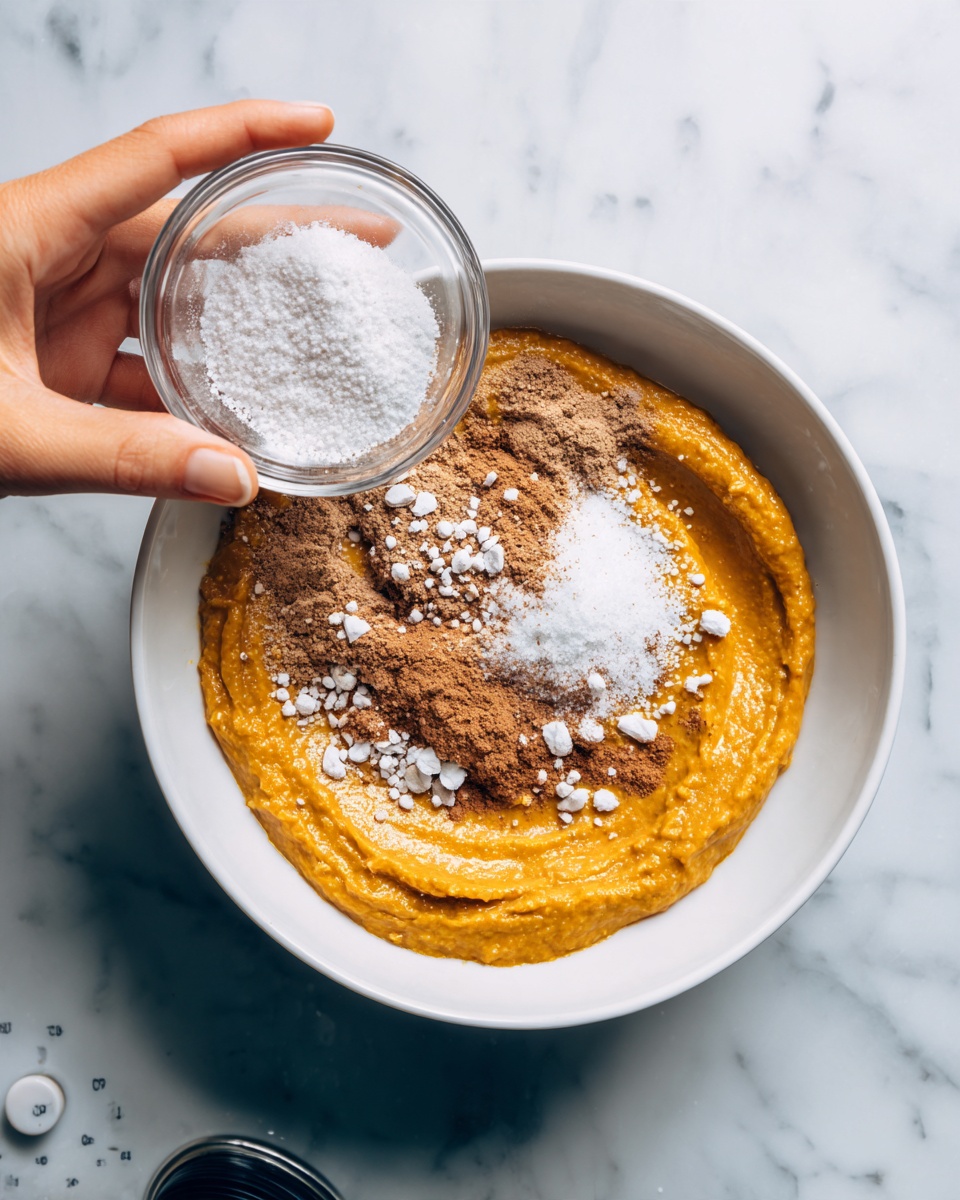 A white bowl is filled with a thick orange puree as the bottom layer, which looks smooth and slightly chunky. On top of this layer, there is a scattered mix of light brown and dark brown powders, mostly in the middle. A woman's hand is shown from above, pouring fine white granules from a small clear glass bowl onto the powders and puree, creating a small mound of white granules with some falling into the orange puree. The scene is set on a white marbled surface with a part of a silver stovetop and black control knob visible at the bottom. photo taken with an iphone --ar 4:5 --v 7