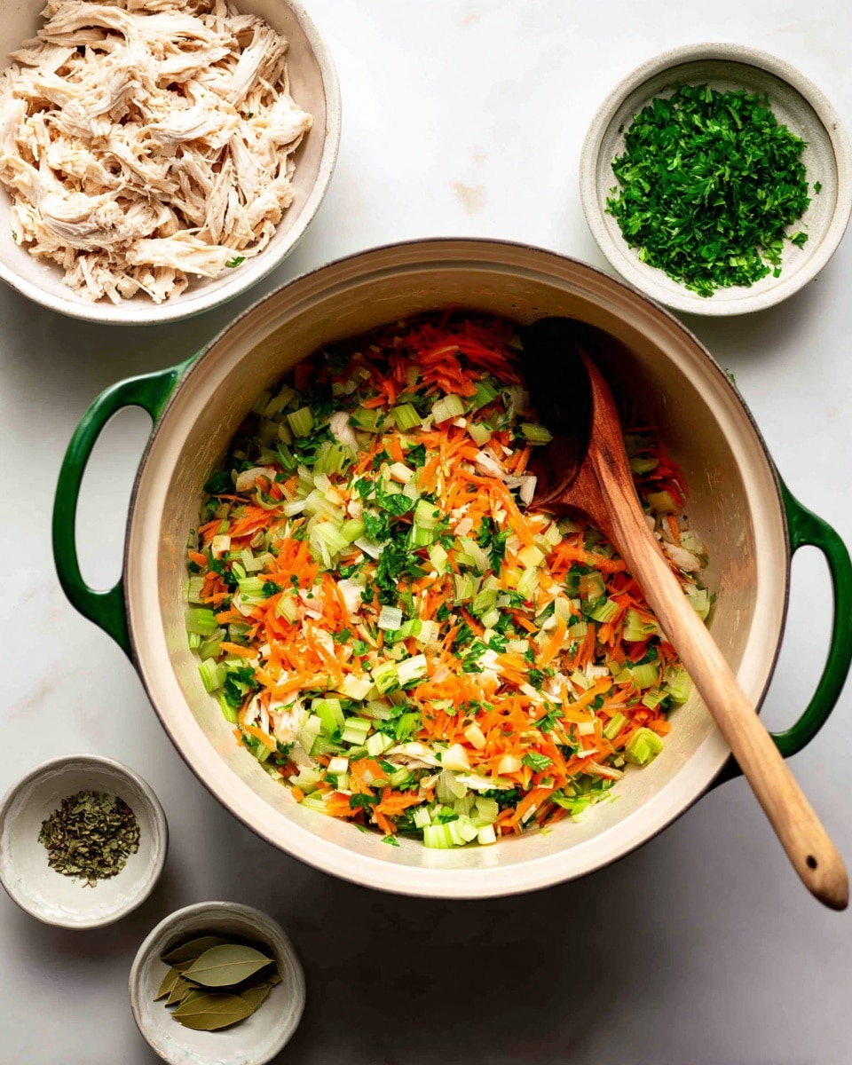 A large white pot with green handles is filled with three layers of chopped vegetables: bright orange carrots, light green celery, and small white onions, all mixed together and being stirred with a light wooden spoon resting inside the pot. To the left of the pot, there is a white bowl filled with shredded cooked chicken, and below it, two small white dishes containing dried herbs and bay leaves. To the right, there is a small white bowl with fresh green chopped parsley. The whole setup sits on a white marbled surface. photo taken with an iphone --ar 4:5 --v 7