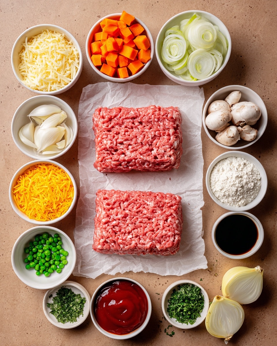 The image shows two rectangular blocks of raw pink ground meat placed on a piece of white parchment paper in the center. Surrounding them are small white bowls filled with various ingredients: diced orange carrots, sliced white mushrooms, chopped white onions, green peas, yellow shredded cheese, minced garlic, chopped green herbs, tomato paste, white flour, baking powder, melted butter, soy sauce, and dark broth or sauce. All bowls are arranged neatly on a light brown surface. The overall scene is neat and colorful, showing all the ingredients clearly. Photo taken with an iphone --ar 4:5 --v 7