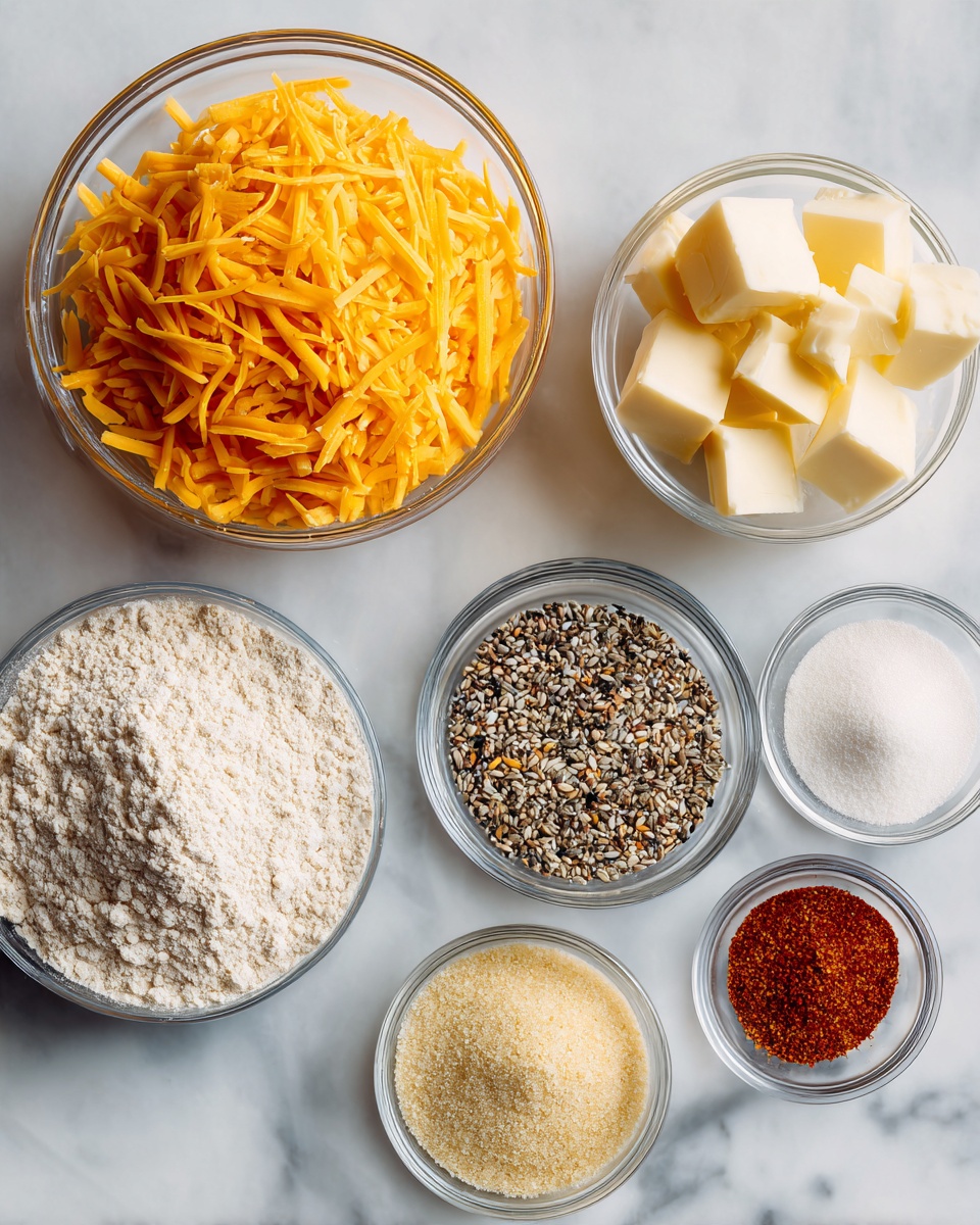 The image shows several clear glass bowls arranged on a white marbled surface. The largest bowl at the bottom contains a light beige powdery flour. Above it to the left is a medium-sized bowl filled with bright orange shredded cheddar cheese, showing a soft texture. To the right of the cheese bowl is a smaller bowl holding neatly cubed pale yellow butter. Next to the butter is a small bowl with mixed seeds that are black, white, and tan, adding a textured look. Below these, on the bottom right, are three small bowls with powders and spices: one has white salt crystals, another holds light yellow mustard powder, and two more contain fine red spices with reddish-brown hues. All elements are distinct and evenly spaced, with the white marbled background clearly visible. photo taken with an iphone --ar 4:5 --v 7