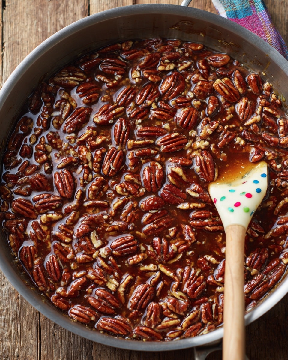 A close-up view of a silver metal pan filled with one layer of chopped pecans mixed in a dark brown cinnamon and sugar syrup, evenly spread across the bottom. The pecans are richly colored with a shiny coating, showing textures of the nut halves and small pieces with rough edges. A cream-colored spatula with small colored dots is positioned on the right side, partially submerged in the syrup, gently stirring the pecans. The pan is placed on a rustic wooden surface. photo taken with an iphone --ar 4:5 --v 7
