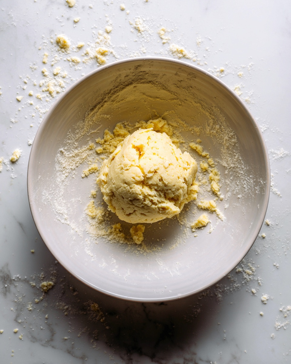 A rough, pale yellow dough ball with a slightly crumbly texture sits in the center of a large white bowl. Small bits of dough are scattered around inside the bowl. The bowl itself rests on a white marbled surface, showing some soft light reflections. Photo taken with an iphone --ar 4:5 --v 7
