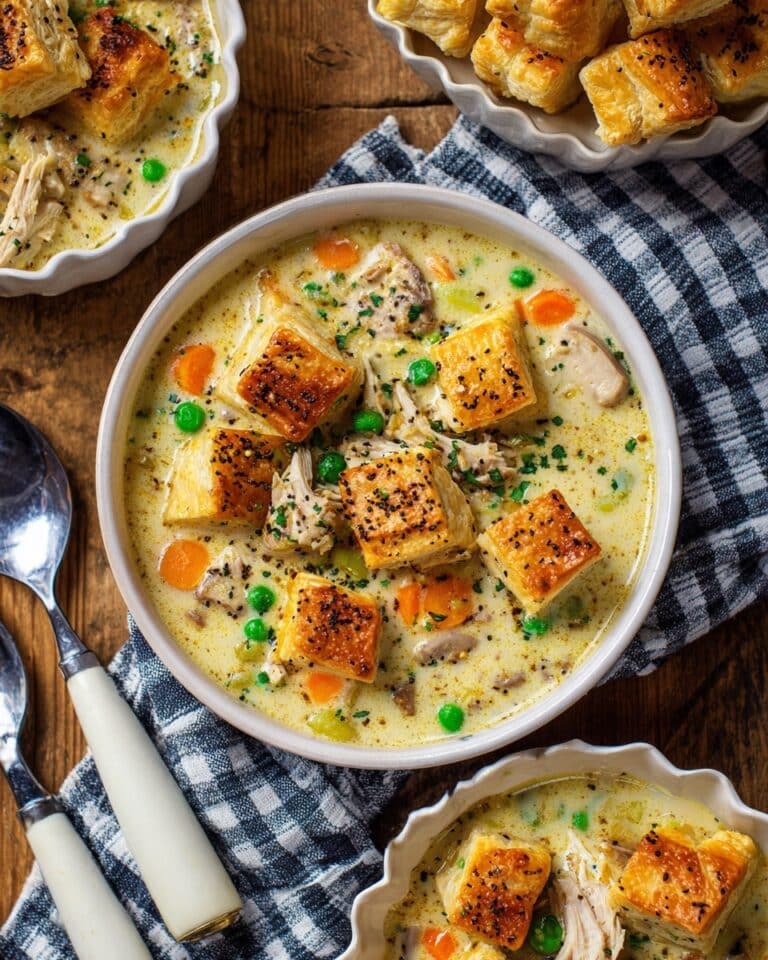 Chicken Pot Pie Soup with Puff Pastry Croutons Recipe