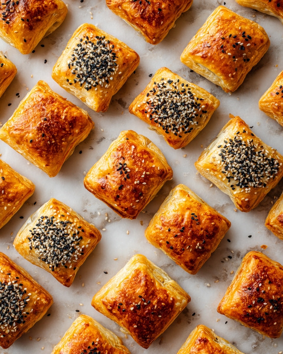 Many small, square, golden-brown puff pastry bites are spread out evenly on a sheet of parchment paper with a white marbled texture underneath. About half of the pastry squares are topped with a mix of black and white sesame seeds, while the rest have a plain, shiny baked surface showing slight puffed layers. The pastries show a crispy, flaky texture with some pieces slightly split to reveal soft, airy insides. The image is taken from above, highlighting the uniform arrangement and varying seed toppings for a simple, fresh snack feeling photo taken with an iphone --ar 4:5 --v 7
