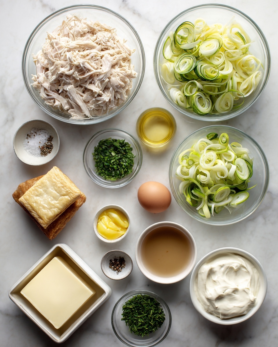 A set of clear glass bowls and one white pastry box are laid out on a white marbled surface. The bowls hold different ingredients: one large bowl with pale shredded chicken, one large bowl filled with thick slices of green leek rings, two small bowls with finely chopped green herbs, one small bowl with yellow mustard, another small bowl with a single brown egg, a bowl of light brown liquid broth, a bowl with a small block of butter, a bowl filled with white sour cream, and another bowl with smooth white cream cheese. Additionally, two small bowls hold salt and black pepper. The white box of puff pastry is placed at the bottom left corner. photo taken with an iphone --ar 4:5 --v 7