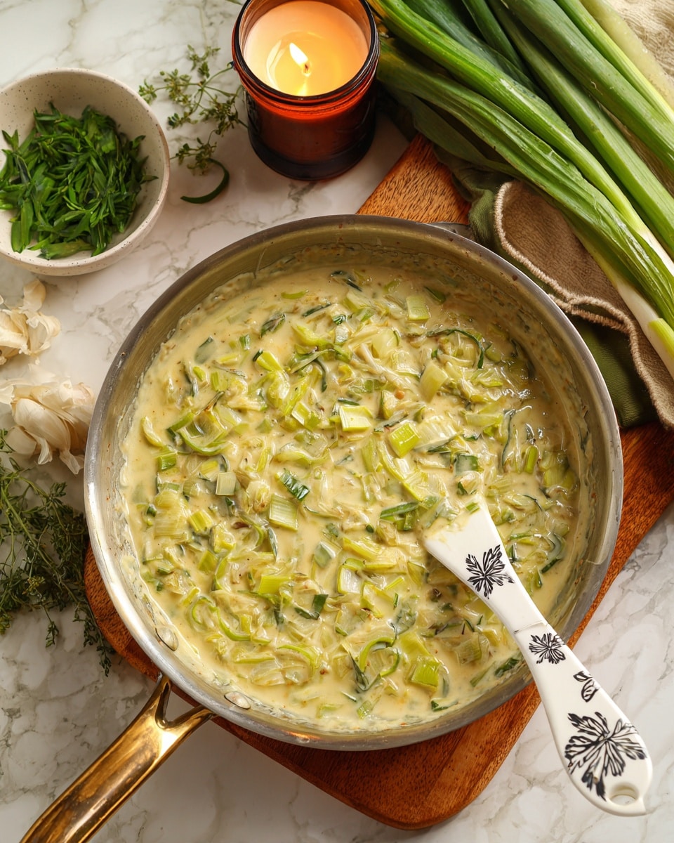 The image shows a silver pan with a creamy mixture inside made of chopped green and white pieces of leek cooking in a light pale green sauce. The mixture has a soft, thick texture covering the pan evenly, with a white spatula with black flower patterns resting on the right side inside the pan. Behind the pan, there is a bundle of fresh green onions lying on a wooden board, a burning brown candle, and fresh green herbs in a small white bowl, all set on a white marbled surface. photo taken with an iphone --ar 4:5 --v 7