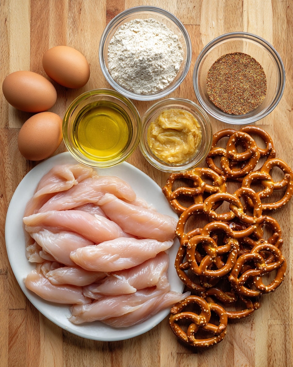 The image shows raw chicken tenders arranged in a single layer on a white plate placed on a wooden surface. Surrounding the plate, there are clear glass bowls holding different ingredients: brown eggs, pretzels, flour, and a mix of spices in a white textured bowl. A small glass bowl with yellow mustard and another with a clear liquid are also visible. The pretzels are whole and neatly piled in their bowl, with a rich brown color and shiny surface. The chicken tenders are light pink with smooth texture, some slightly overlapping. The background has a wooden butcher block pattern, but the prompt requires imagining it as a white marbled texture. photo taken with an iphone --ar 4:5 --v 7
