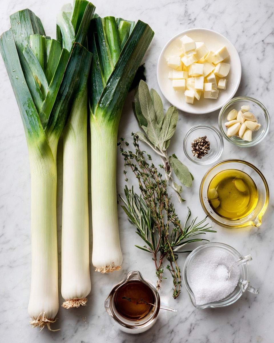 The image shows three long leeks with green tops and white bases placed on a white marbled surface on the left side. To the right, there are several small clear glass bowls containing ingredients: one has small cubes of butter, another has peeled garlic cloves, and another has black pepper. A white plate holds two sprigs of fresh herbs, including rosemary and thyme. Below the plate, a clear glass bowl contains a golden-yellow liquid, likely oil, and beside it is a white measuring cup filled with a dark brown liquid. A small clear glass bowl with coarse white salt is next to the pepper. All items are neatly arranged to show each ingredient clearly. photo taken with an iphone --ar 4:5 --v 7