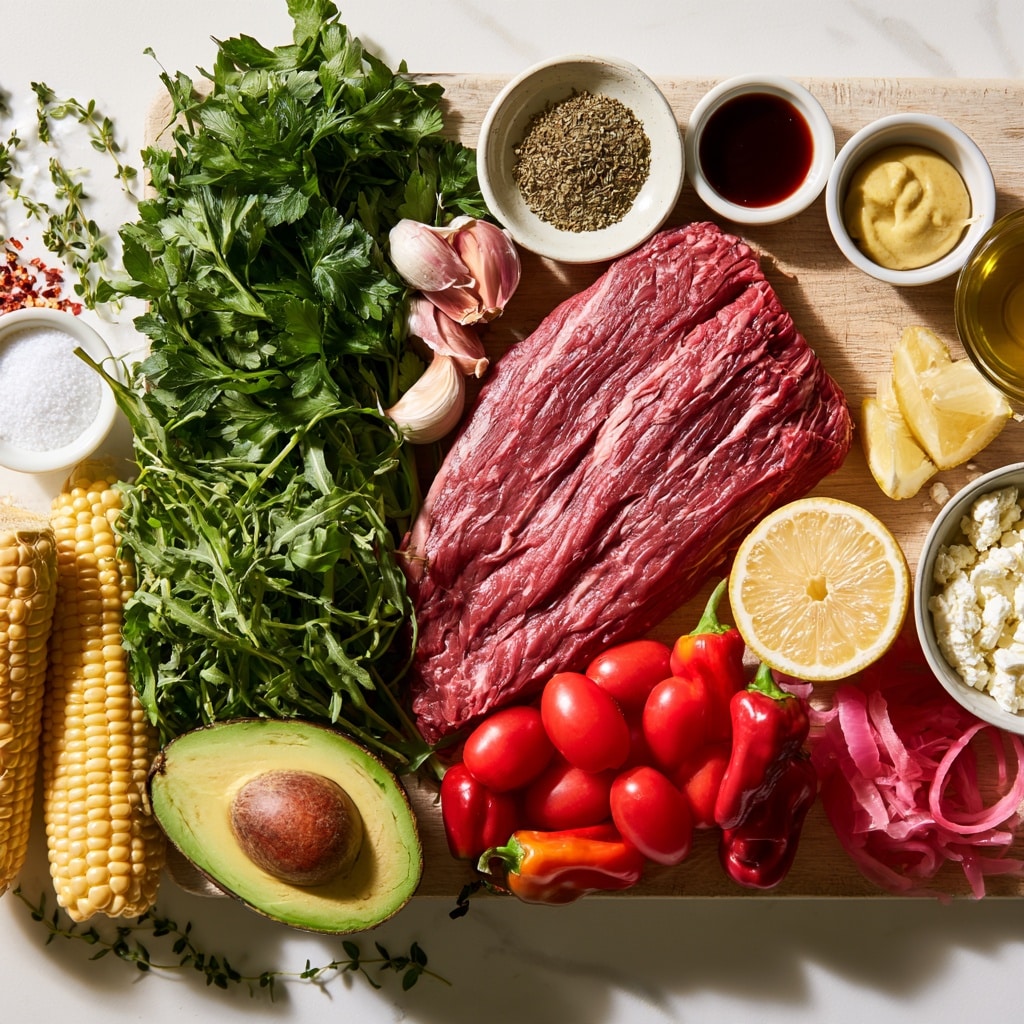 A tall clear glass jar with green sauce inside, showing a smooth and slightly speckled texture, sits in the center on a yellow cloth. Around the jar, there are two ears of corn with yellow and white kernels on the upper left, a bunch of small red tomatoes on the lower left, a half avocado with its seed exposed on the lower right, and a bunch of green parsley in a small clear glass on the upper right. The surface is changed to a white marbled texture. photo taken with an iphone --ar 4:5 --v 7