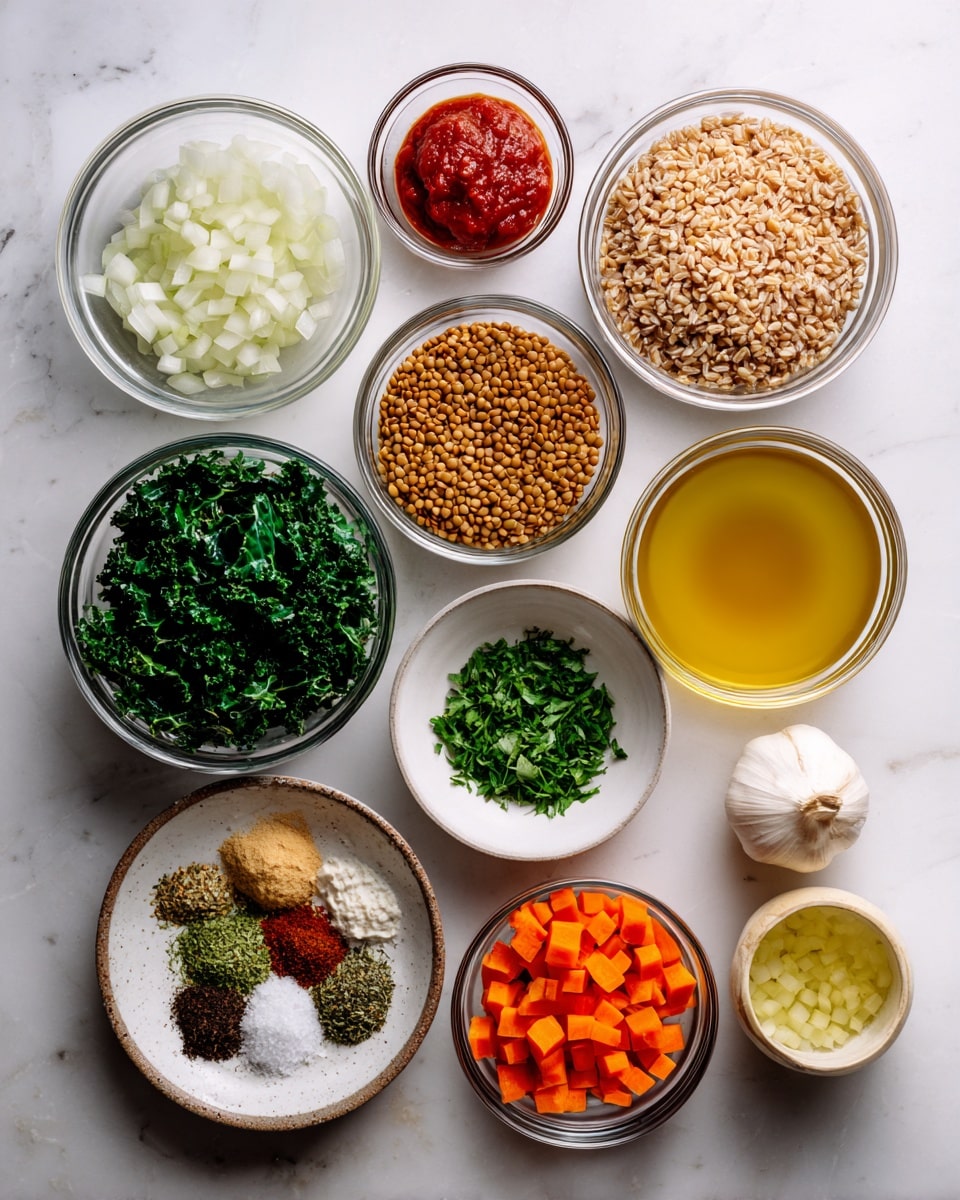 The image shows an overhead view of many clear glass bowls laid out on a white marbled surface, each holding different chopped or whole ingredients. Starting from the top left are diced onions in a bowl, next to a smaller bowl with a thick red paste, and a bowl of uncooked barley on the top right. In the middle row from left to right are a bowl of fresh dark green leaves, a large bowl with dry brown lentils, a bowl with golden olive oil, and a smaller bowl of chopped green herbs. Below these are a round white plate with a mix of dried spices in different shades of brown and red, a bowl filled with light green chopped celery, and a carton of organic vegetable broth on the right side. At the bottom row, there is a bowl full of bright orange diced carrots, a small bowl of minced garlic, and a small bowl with a light yellow liquid. Photo taken with an iphone --ar 4:5 --v 7
