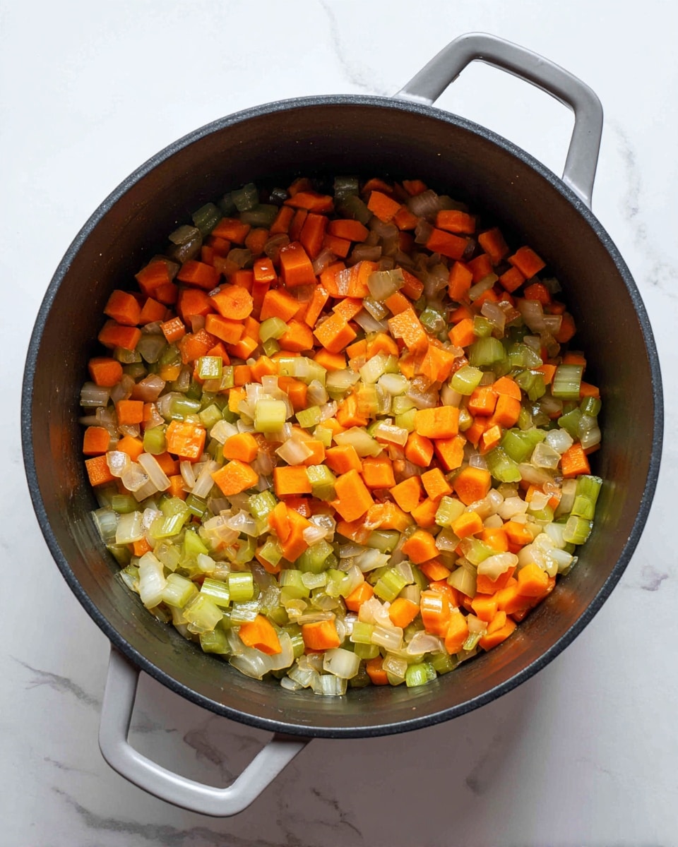 A round black pot with a light gray handle is filled with diced cooked vegetables, mainly three layers of small pieces: the first layer is orange carrot cubes, the second layer is light green celery cubes, and the third layer is translucent cooked onion pieces. The vegetables have a shiny, soft texture with some browning. The pot is placed on a white marbled surface. Photo taken with an iphone --ar 4:5 --v 7