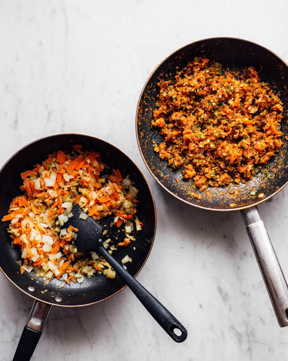 The image shows two black pans on a white marbled surface with cooking steps. The left pan has a mix of finely chopped orange and white vegetables, mainly carrots and onions, that are soft and slightly shiny from cooking, with a black spatula resting inside lifting some of the mix. The right pan contains a thicker, more combined mixture with the same vegetable base but now more textured and brownish orange, mixed evenly with herbs and small pieces of other ingredients, giving it a finely stirred appearance. Both pans have a slight shine showing they are hot and cooking is in progress. Photo taken with an iphone --ar 4:5 --v 7
