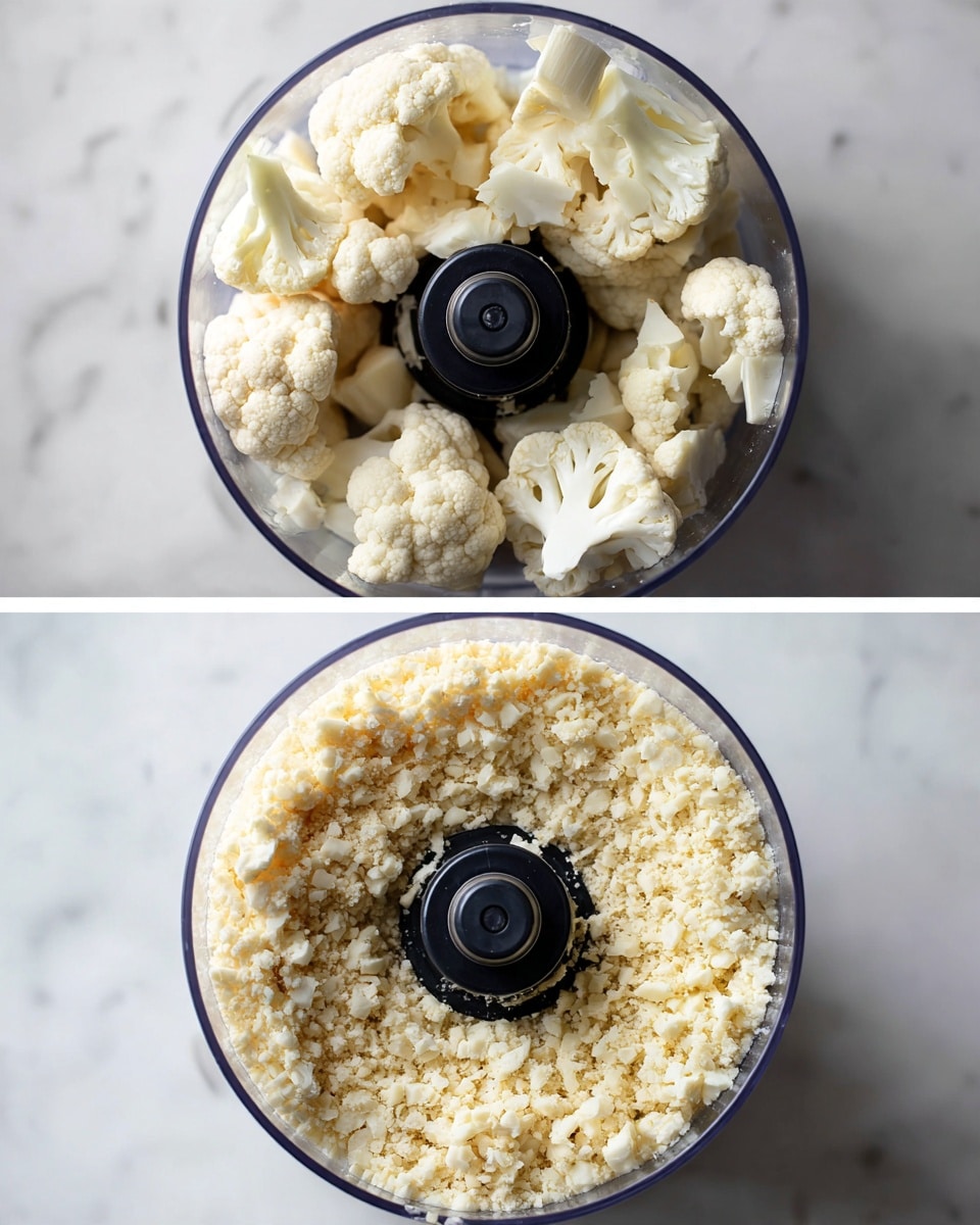 The image shows two close-up views inside a clear food processor bowl placed on a white marbled surface. The top view shows large chunks of off-white cauliflower florets tightly packed around the black central blade shaft of the food processor, with the cauliflower's natural bumpy texture visible. The bottom view shows the same bowl, but now the cauliflower is finely chopped into small, crumb-like granules that cover the base and reach just below the black central blade. Both layers show a mix of pale white and faint cream colors with the food processor parts in the center, creating a contrast of shapes and textures. Photo taken with an iphone --ar 4:5 --v 7