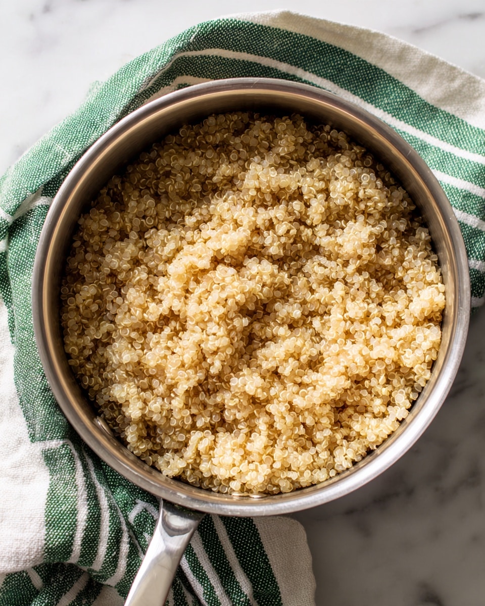 A silver pot filled with cooked quinoa showing small, round, slightly translucent grains in shades of light tan and beige, with steam suggesting warmth; the quinoa has a fluffy, slightly clumped texture and fills the pot nearly to the top, resting on a folded green and white striped cloth placed on a white marbled surface. Photo taken with an iphone --ar 4:5 --v 7
