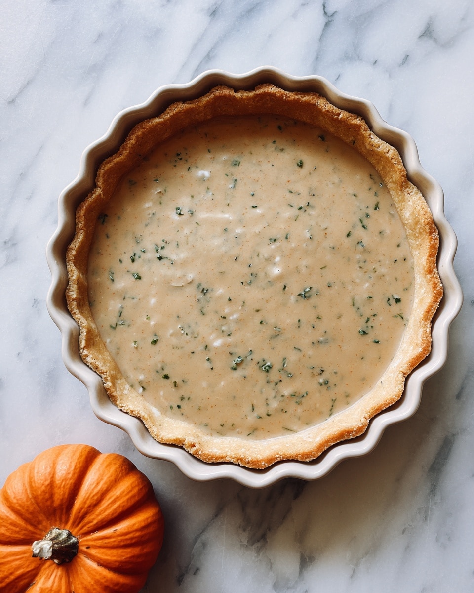 A round, scalloped-edge baking dish filled with a smooth, light brown batter speckled lightly with green herbs, resting on a white marbled surface. The batter looks even and slightly thick, filling the pan almost to the top. A small orange pumpkin is placed near the lower left corner of the baking dish. photo taken with an iphone --ar 4:5 --v 7