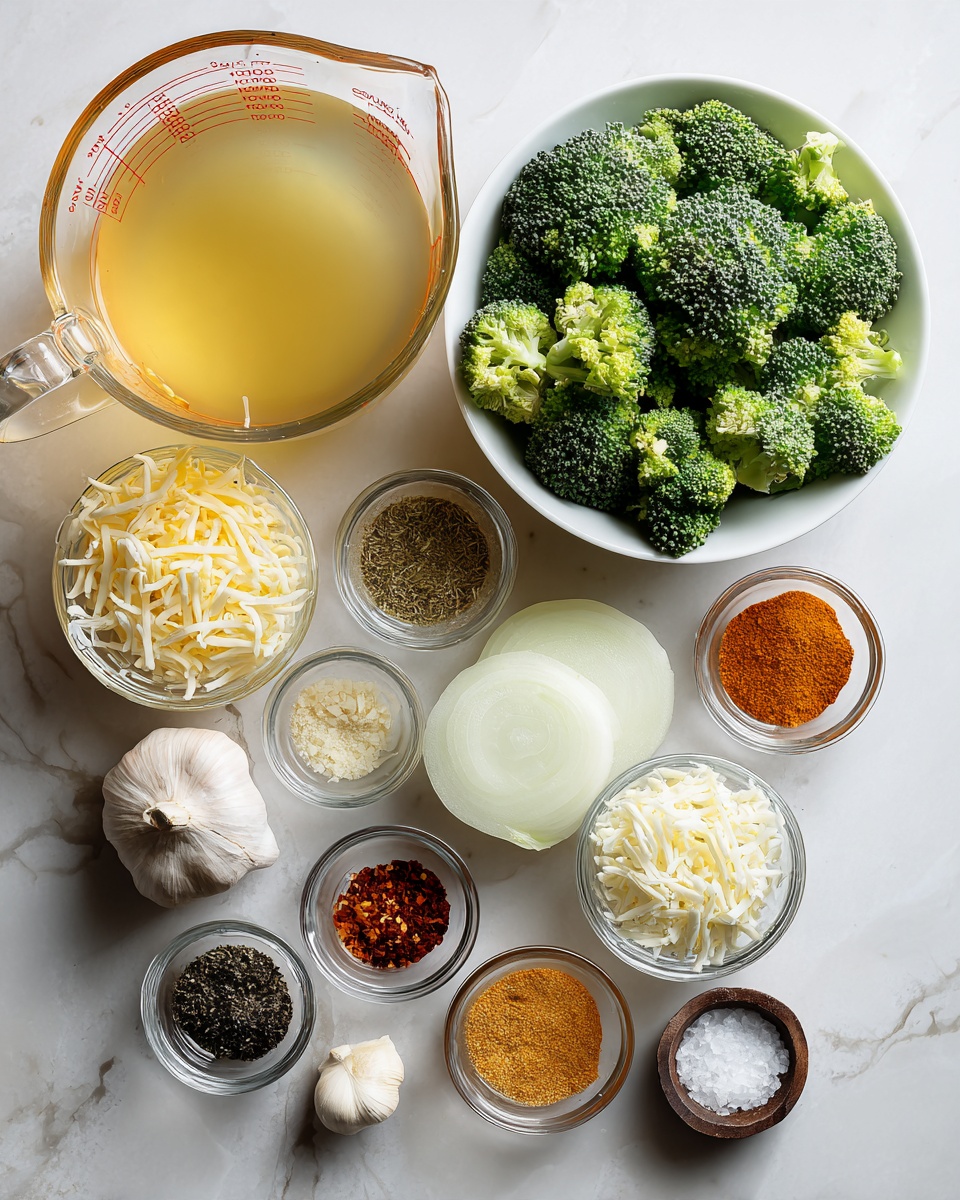 The image shows an organized arrangement of cooking ingredients on a white marbled surface, including a large glass measuring cup filled with light golden broth at the top left corner. In the center, there is a white bowl stacked with fresh green broccoli florets, surrounded by smaller clear glass bowls holding shredded white cheese, shredded orange cheese, large white onion slices, and a halved bulb of garlic. Several tiny bowls contain different powdered spices in colors ranging from beige and yellow to reddish and black, along with salt in another small dish, all neatly placed around the main ingredients. photo taken with an iphone --ar 4:5 --v 7