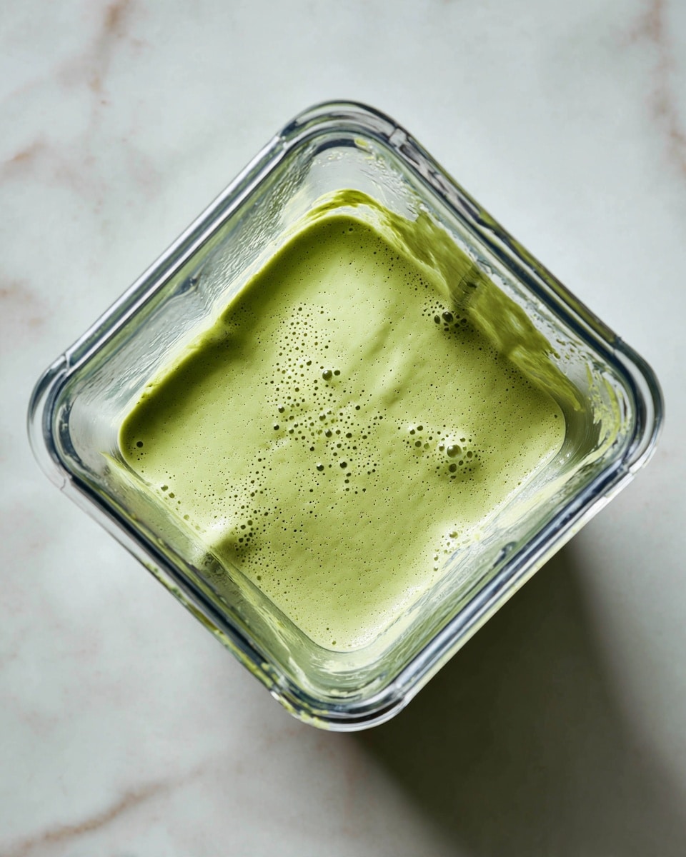 A square clear glass blender container filled with a smooth, thick green sauce, showing a creamy texture with small bubbles on the surface, placed on a white marbled surface. photo taken with an iphone --ar 4:5 --v 7