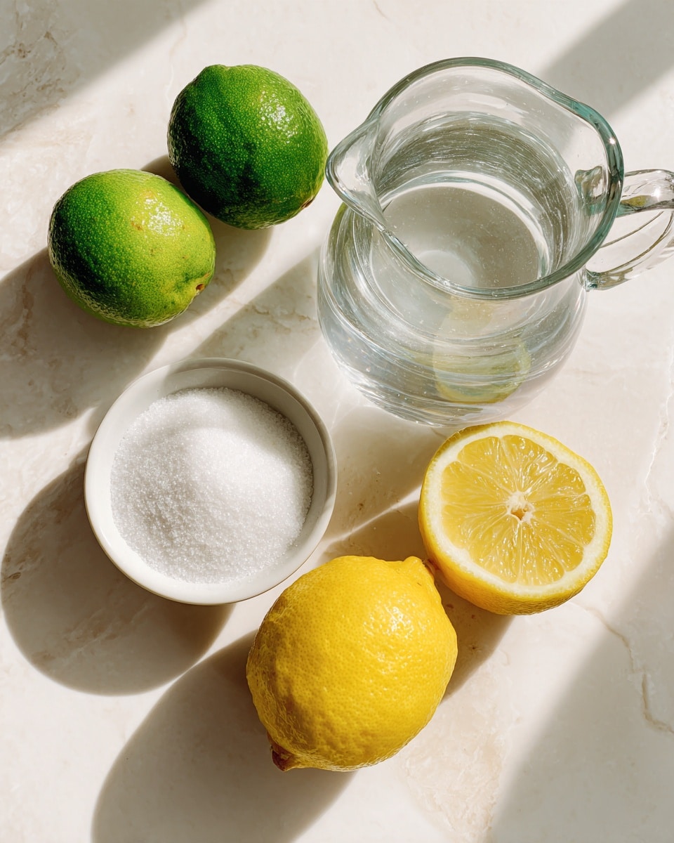 Two halved lemons with bright yellow color and visible seeds are placed on a white marbled surface near the bottom right. Above them is a clear glass pitcher filled with water showing light reflections on the surface. To the top left of the pitcher, two halved green limes show a fresh, juicy texture. Below them, a white bowl filled with white granulated sugar completes the arrangement, all set on the white marbled texture. photo taken with an iphone --ar 4:5 --v 7