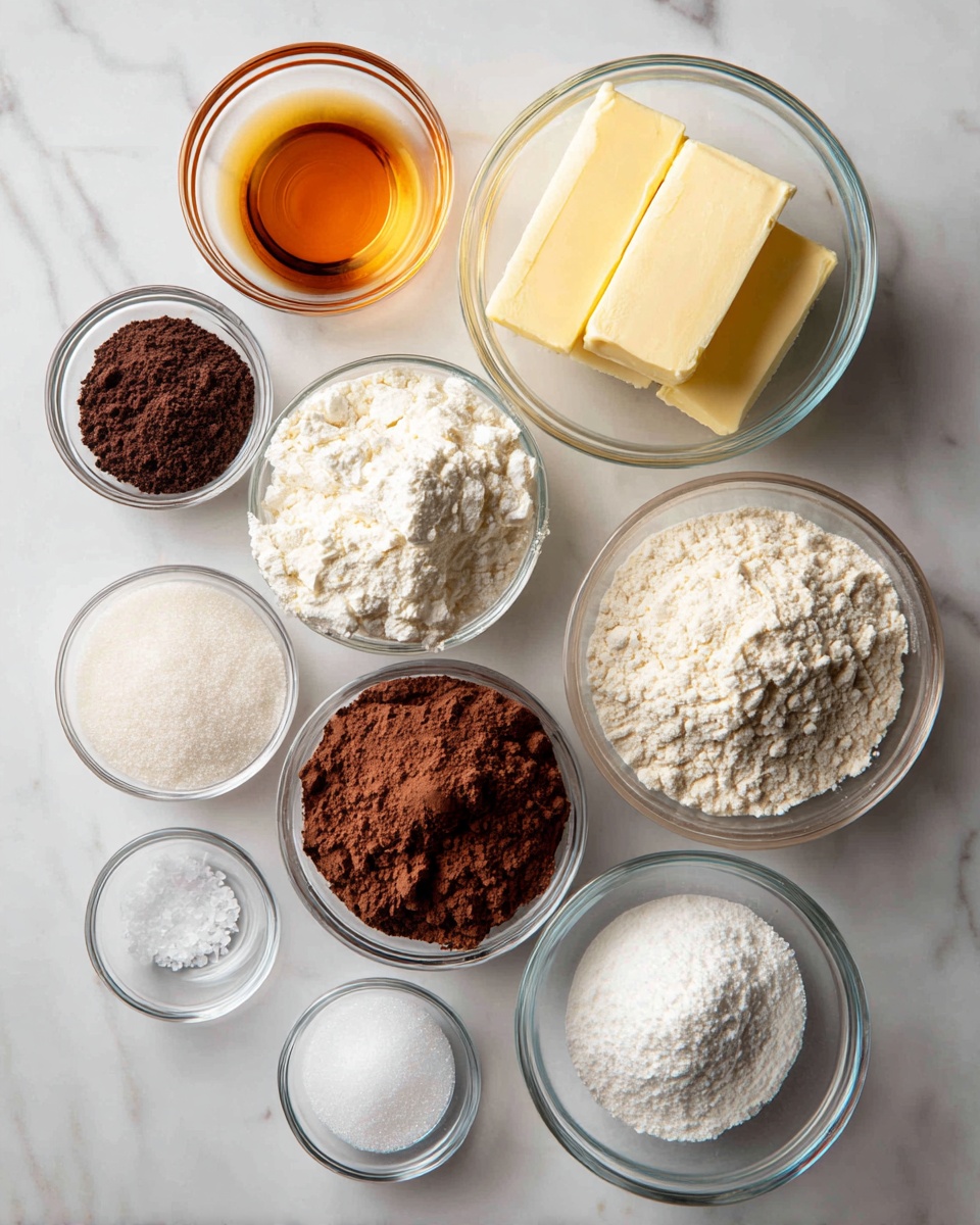 The image shows nine clear glass bowls arranged on a white marbled surface, each containing different baking ingredients. In the top row from left to right, there is a small bowl with amber liquid, followed by a larger bowl with two pale yellow sticks of butter, and then a bowl filled with dark brown cocoa powder. The middle row centers with a big bowl of white flour, a bowl of light brown cocoa powder to its right, and a bowl of white powdered sugar below the flour. The bottom row contains three small bowls placed vertically on the left side: one with salt, one with a small amount of baking soda or powder, and another with white granulated sugar placed slightly apart near the flour bowl. Photo taken with an iphone --ar 4:5 --v 7