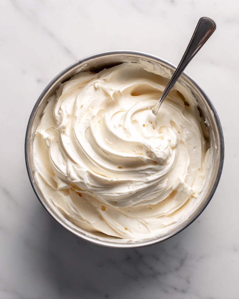 A metal bowl filled with creamy white frosting that looks smooth and thick, with soft swirls made by a spoon resting inside it. The frosting has a light texture with small air pockets visible on the surface. The bowl sits on a white marbled surface, and the lighting shows the soft shapes and curves of the whipped cream inside. Photo taken with an iphone --ar 4:5 --v 7