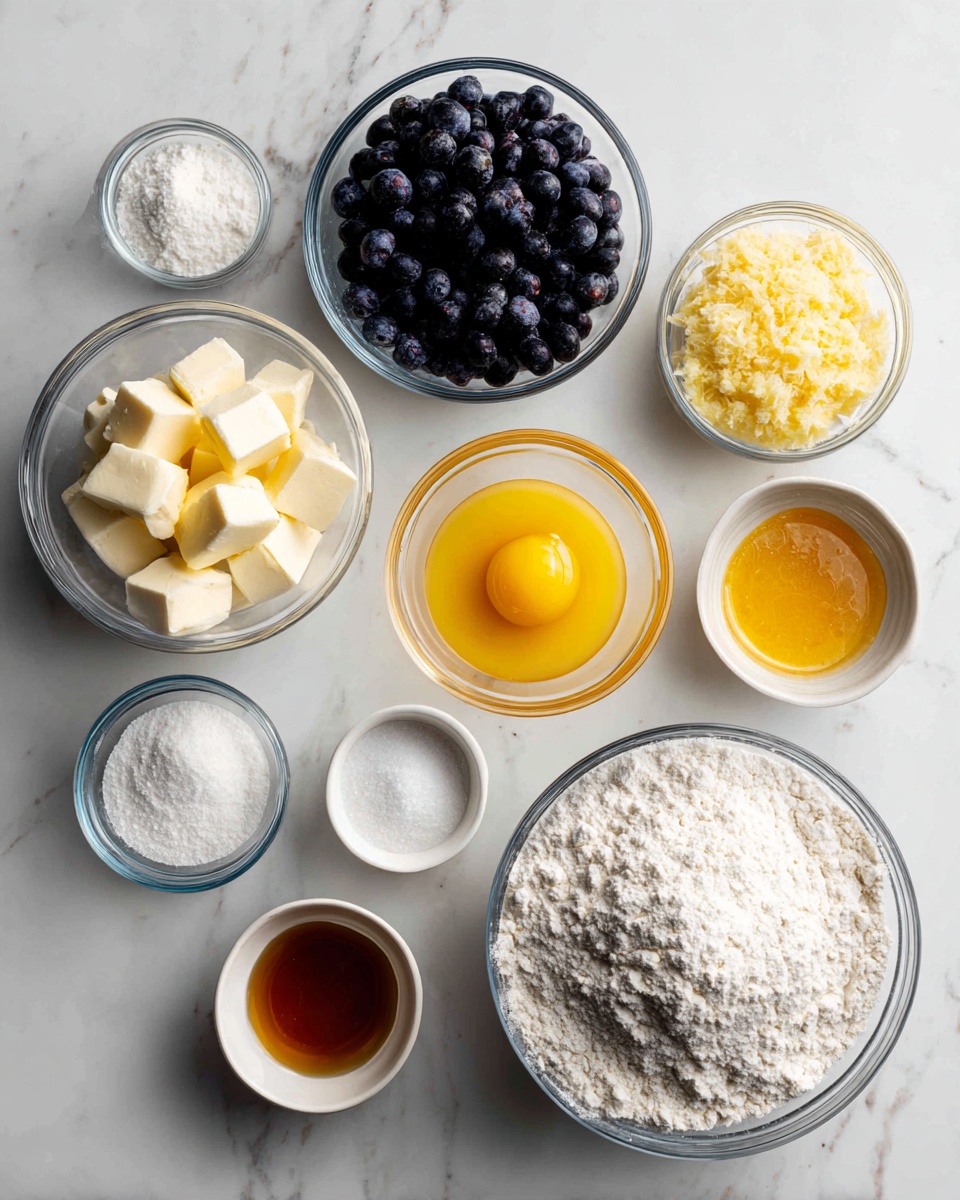 A top view of several glass bowls arranged neatly on a white marbled surface, each filled with different baking ingredients: a large bowl filled with white flour on the bottom right, a medium bowl with dark blue blueberries on the bottom left, a bowl with small white cubes of butter on the top left, a bowl with a single yellow egg yolk in the middle top, a small bowl with light yellow grated ginger on the top right, a small bowl with a light lemon juice liquid below the grated ginger, a small bowl with golden honey next to the lemon juice, two very small bowls of white salt and white powder near the center bottom, and another small bowl with white powdered sugar bottom left near the flour bowl, photo taken with an iphone --ar 4:5 --v 7