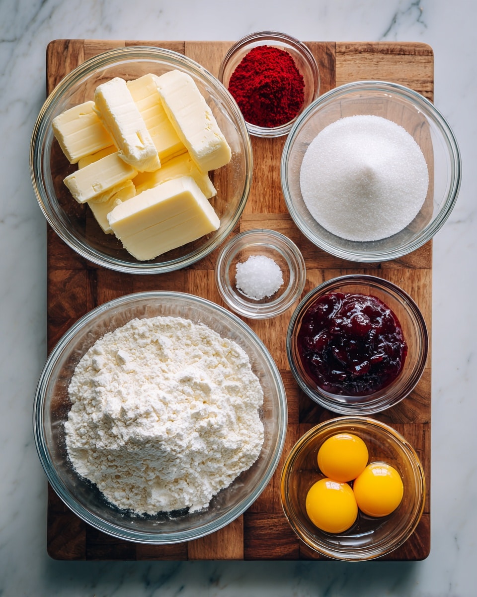 The image shows eight clear glass bowls arranged on a wooden board with a grid pattern. The largest bowl at the bottom center contains white flour with a slightly rough texture. To its left is a medium bowl filled with three thick blocks of pale yellow butter. Above the butter is a smaller bowl with bright red powder, smooth and fine. Centered near the top are two bowls: one holds white granulated sugar with a grainy texture, and the other has a clear light brown liquid. To the right of these are two small bowls; one contains white salt, looking fine and powdery, and the other is filled with dark red jam that looks chunky and thick. At the bottom right is a small bowl with two bright yellow egg yolks, smooth and glossy. The setting is on a wooden board with a white marbled texture background. photo taken with an iphone --ar 4:5 --v 7
