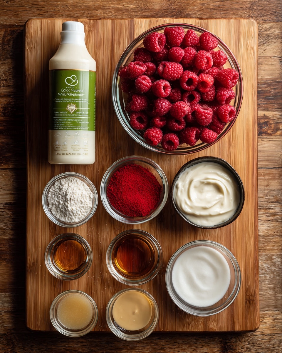The image shows a wooden board with various clear glass bowls and a green and white bottle of heavy whipping cream at the top left. A large bowl at the top right is filled with bright red raspberries. Below the bottle, there is a small bowl with white powder, next to it is a smaller bowl with bright red powder. A medium-sized bowl filled with white granulated sugar is at the middle right. Scattered among these are smaller bowls with different clear or light brown liquids and powders, arranged neatly in rows. The overall look is neat and colorful with natural wood tones as the background. photo taken with an iphone --ar 4:5 --v 7