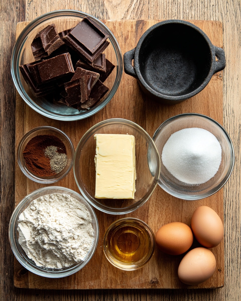 The image shows ingredients for baking arranged neatly on a wooden chopping board. There is a clear bowl with several large pieces of dark chocolate at the top left, and a small black cast iron pot to the top right. Below the chocolate bowl, there is a small clear bowl with some salt and pepper mix, and next to it, another small clear bowl containing a dark brown powder, likely cinnamon or coffee. In the center is a clear bowl holding a rectangular slab of butter. To the right of the butter bowl is another clear bowl filled with white sugar. Two brown eggs rest next to the sugar bowl on the bottom right. Below the eggs, there is a small bowl of white flour, slightly cracked, and another small clear bowl containing a golden brown liquid, possibly vanilla extract, at the bottom left. The surface is wooden, showing natural wood grains and tones. Photo taken with an iphone --ar 4:5 --v 7