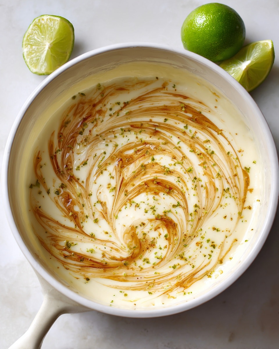 Inside a white pot, there is a creamy light yellow liquid with swirls of golden brown and small green bits scattered on top. The liquid has a smooth, soft texture with some frothy areas. The pot sits on a white marbled surface with two green limes placed nearby. The scene is lit by natural light casting gentle shadows, highlighting the creamy liquid and its layered colors. photo taken with an iphone --ar 4:5 --v 7
