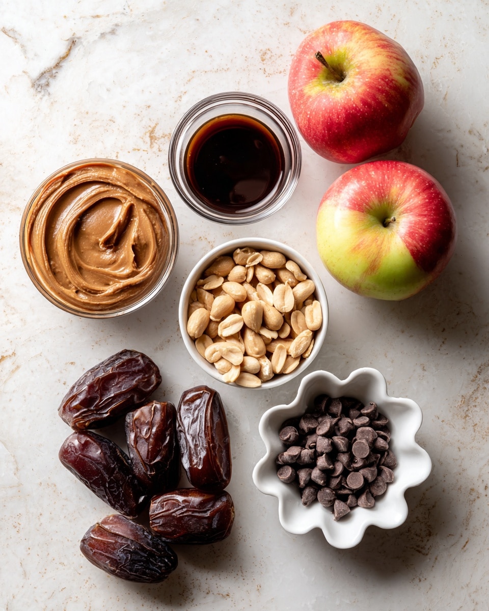 The image shows six items arranged on a white marbled surface: two whole apples with red and yellow skin on the top right, a small glass bowl filled with dark brown syrup at the top left, a medium glass bowl containing smooth brown peanut butter in the center, a white small bowl filled with unshelled light brown peanuts below the peanut butter, a white flower-shaped bowl filled with dark chocolate chips on the right side near the peanuts, and a clear glass bowl holding seven dried dark brown dates on the left bottom. The lighting is soft and natural, showing the textures clearly photo taken with an iphone --ar 4:5 --v 7