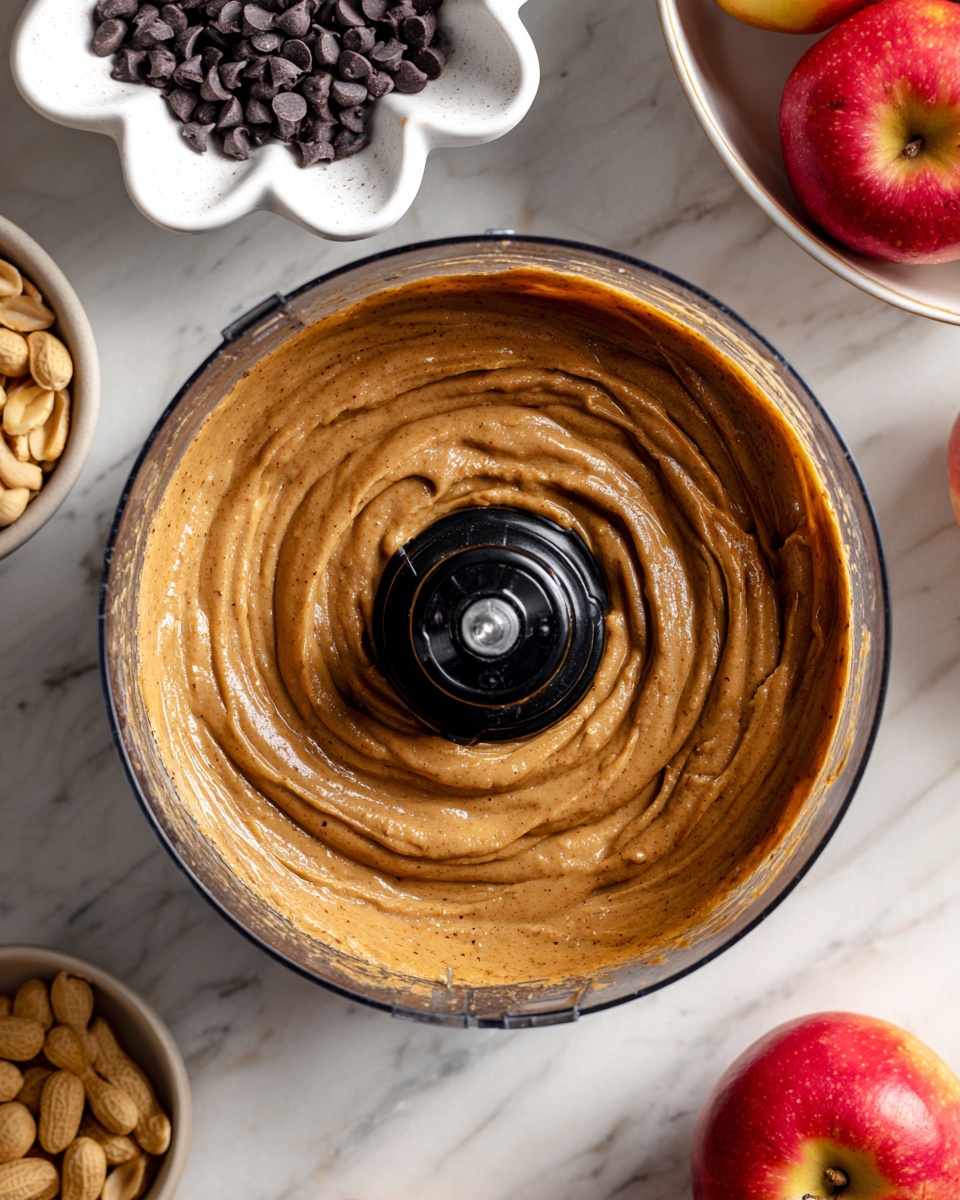 A close-up view of a food processor bowl filled with a thick, smooth, light brown mixture that swirls slightly around the black central blade, resting on a white marbled surface. To the top left, there is a white flower-shaped bowl filled with small dark chocolate chips, while to the top right, two red and yellow apples are partly visible. At the bottom edge, a white bowl with some peanuts can be seen. The scene is well-lit, showing textures clearly, photo taken with an iphone --ar 4:5 --v 7