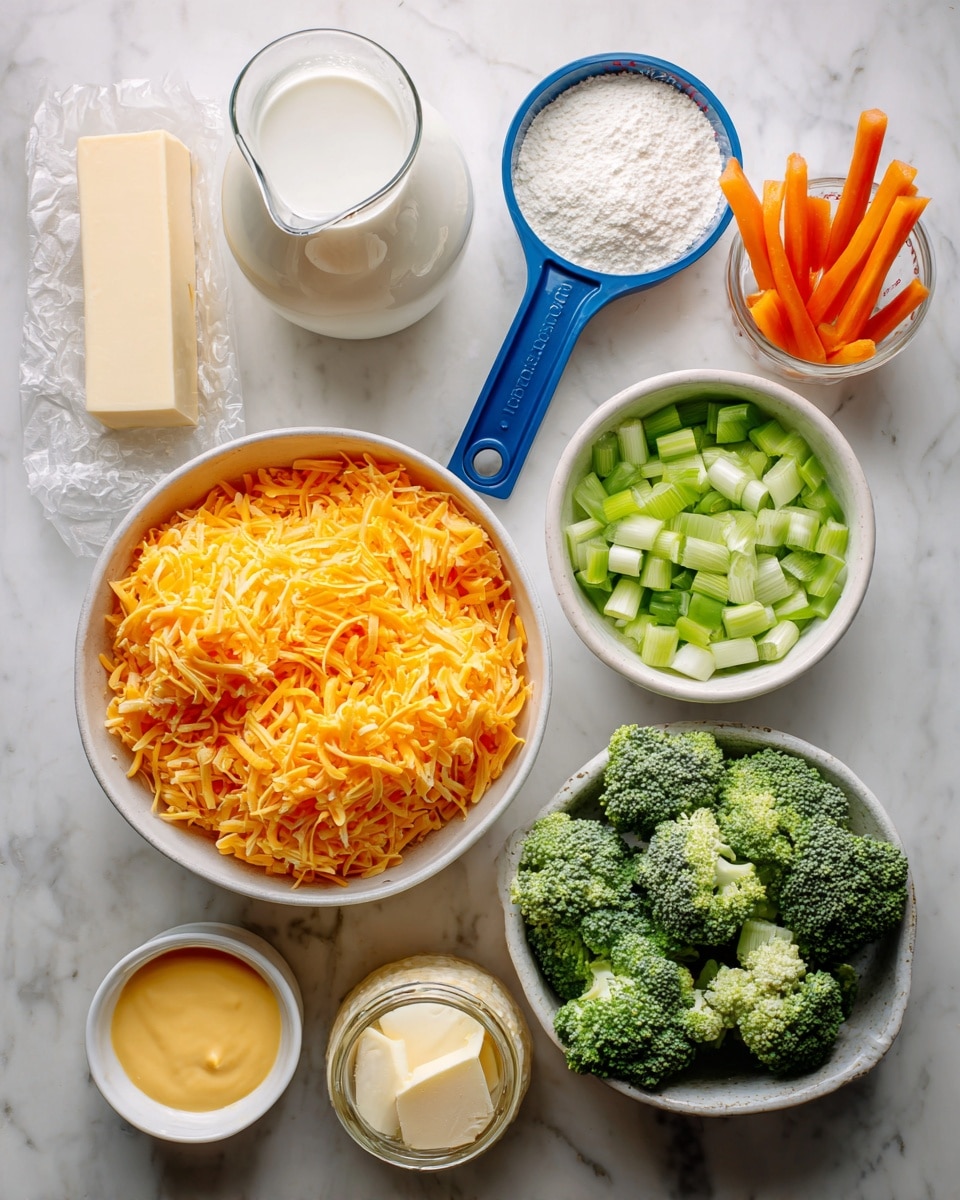 The image shows several bowls and containers with different ingredients on a white marbled surface. In the center, there is a large white bowl filled with bright orange shredded cheese. Above it, to the right, a small white bowl holds chopped light green celery pieces, next to another white bowl filled with frosty green broccoli florets at the bottom right. To the top left, an opaque glass jug contains white milk, beside a blue measuring cup with orange carrot sticks. There is a small white bowl with white flour near a cut onion positioned flat, and a wrapped stick of butter beside it. A small jar with a yellow creamy sauce is placed near the cheese bowl. All the ingredients are neatly arranged and ready for cooking. Photo taken with an iphone --ar 4:5 --v 7