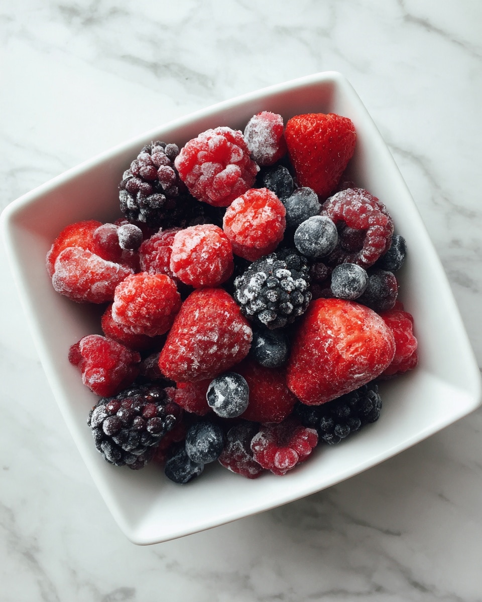 A square white bowl filled with a mix of frozen berries including red strawberries, dark purple blackberries, bright red raspberries, and small dark blueberries. The berries are covered with a light frost, showing icy texture on their bright, rich colors. The bowl sits on a white marbled surface, adding a clean and fresh look to the image. photo taken with an iphone --ar 4:5 --v 7