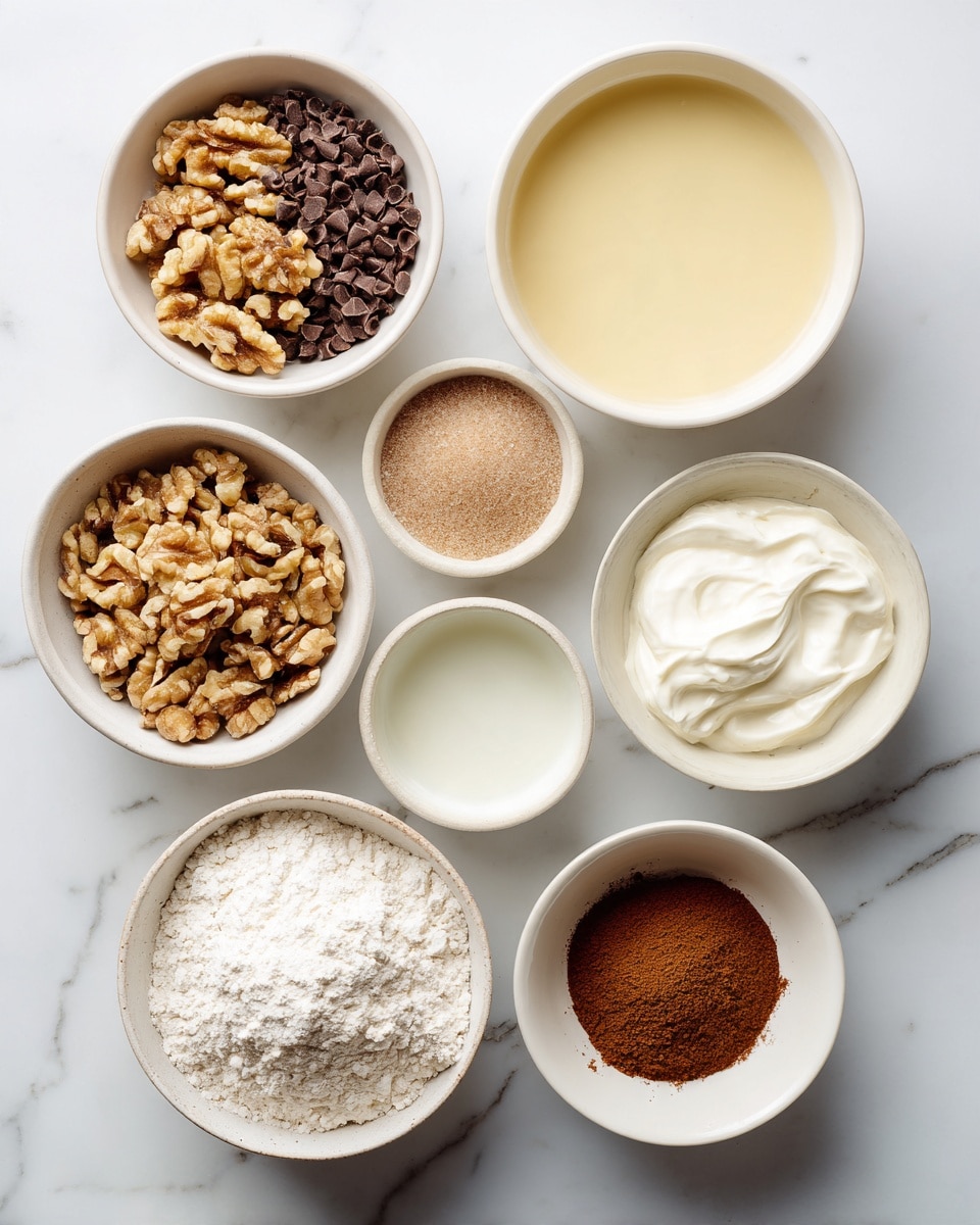 Seven small white bowls sit on a white marbled surface, each containing different ingredients. At the top left is a bowl with chopped walnuts and dark chocolate chips, next to it a bowl filled with a smooth, light yellow mixture. To the right is a bowl holding a clear liquid. Below, on the bottom row from left to right, there is a bowl with light brown sugar, a bowl with thick white cream, and a bowl with three different powders: cinnamon, baking soda, and baking powder. To the left of the top center bowl is another bowl filled with white flour. The clean, simple setup highlights the textures and colors of each ingredient clearly. Photo taken with an iphone --ar 4:5 --v 7